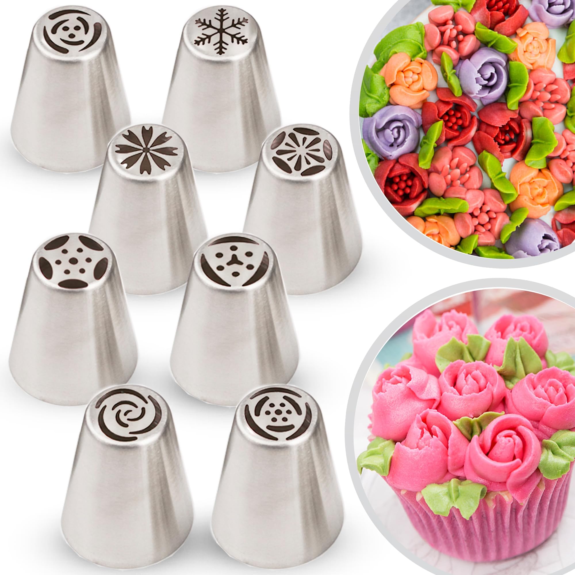 CukkiCakes 8 pcs. Russian Piping Nozzle Set.Match with Piping Bags. Icing Bags and Nozzles Flowers, Large Piping Nozzle. Baking Accessories, Grass Piping Nozzle, Cake Decorating Tools