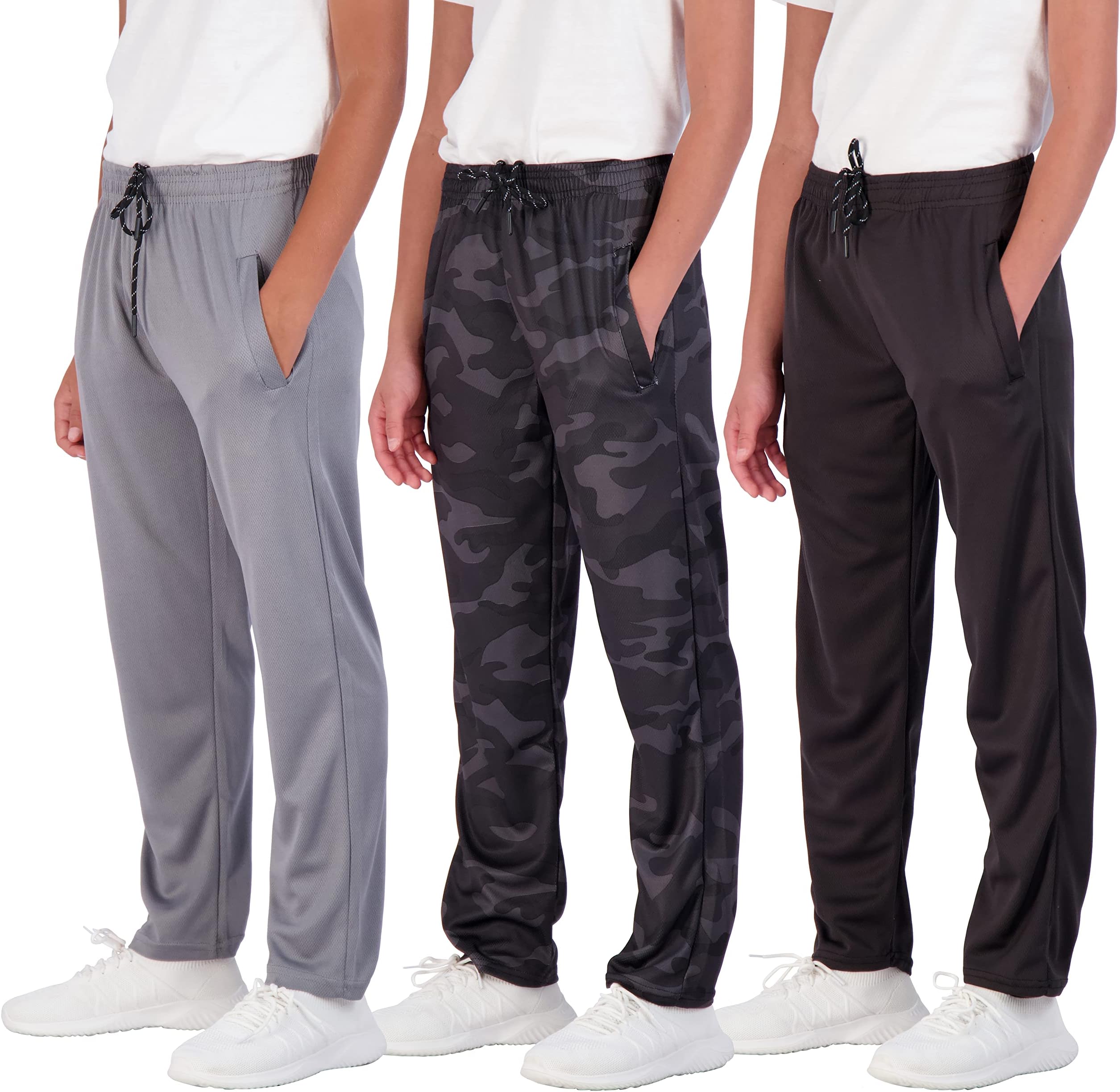 Real Essentials3 Pack: Boys' Mesh Open Bottom Active Sweatpants with Pockets & Drawstring