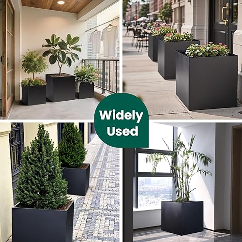 Miniatura 6 de Macetero de acero galvanizado, maceta de metal negro, maceta cuadrada grande para interiores y exteriores, maceta de acero resistente, 24 pulgadas,