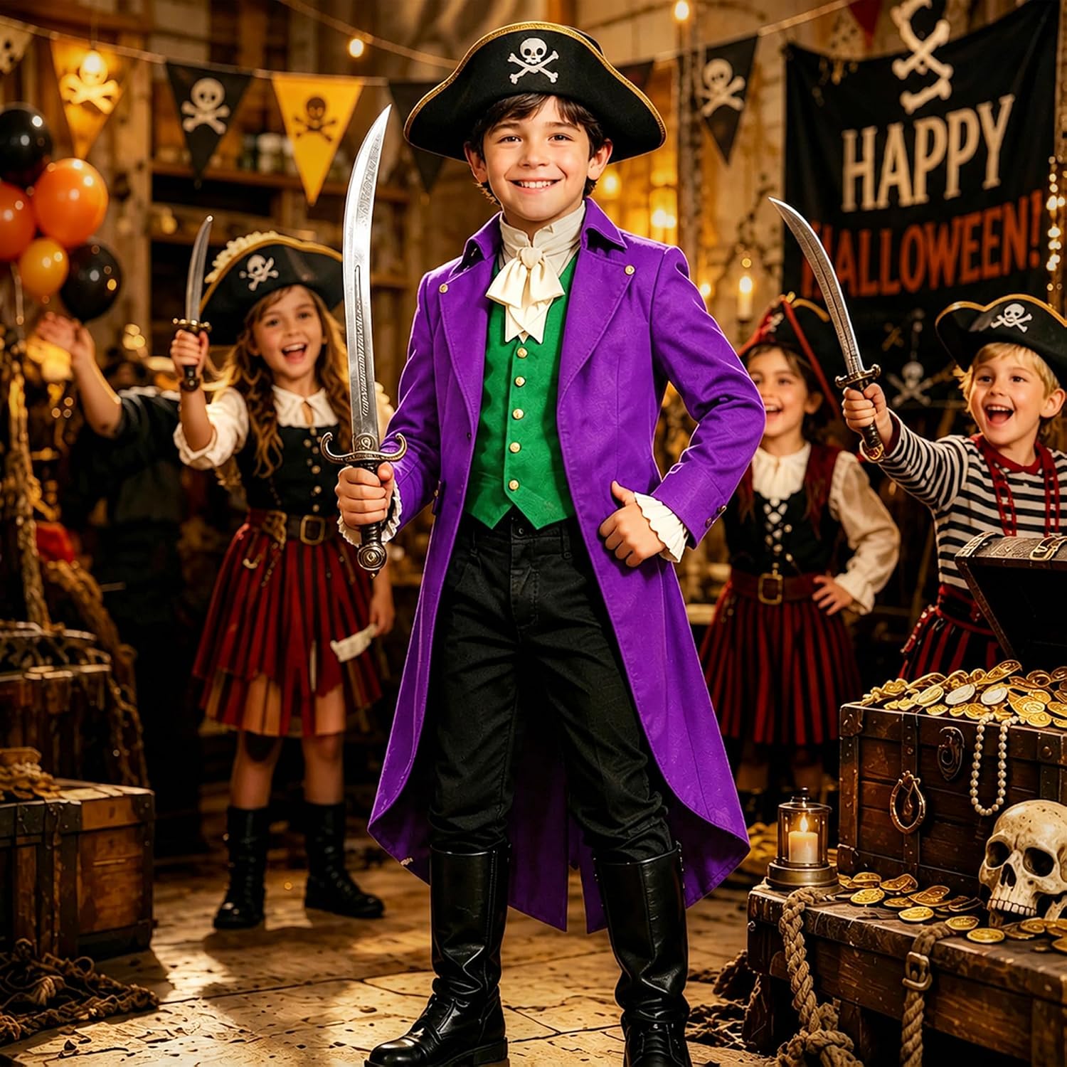 SIAEAMRG Boys Halloween Costumes Kids Pirate Vampire Gothic Tailcoat Jacket