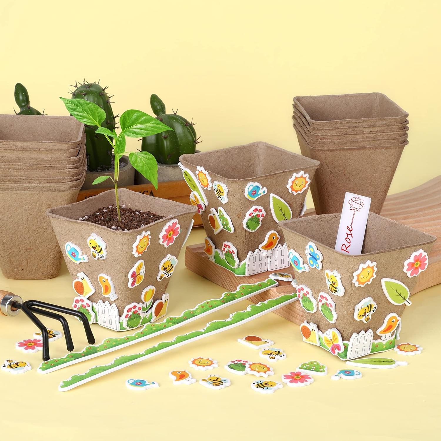Hahood Garden Paper Pot Craft Kit 16 Pack Flower Plant Spring Craft with 166 PCS Adhesive Foam Stickers 16 PCS Paper Mache Pots Label Pen Flower Planting Growing Kit Science for Kids : Toys & Games