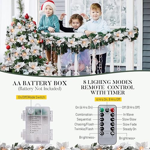 Miniatura 9 de Guirnalda de Navidad preiluminada con luces con purpurina y hojas de acebo y bayas, temporizador remoto, 8 modos, guirnalda de flores iluminada de