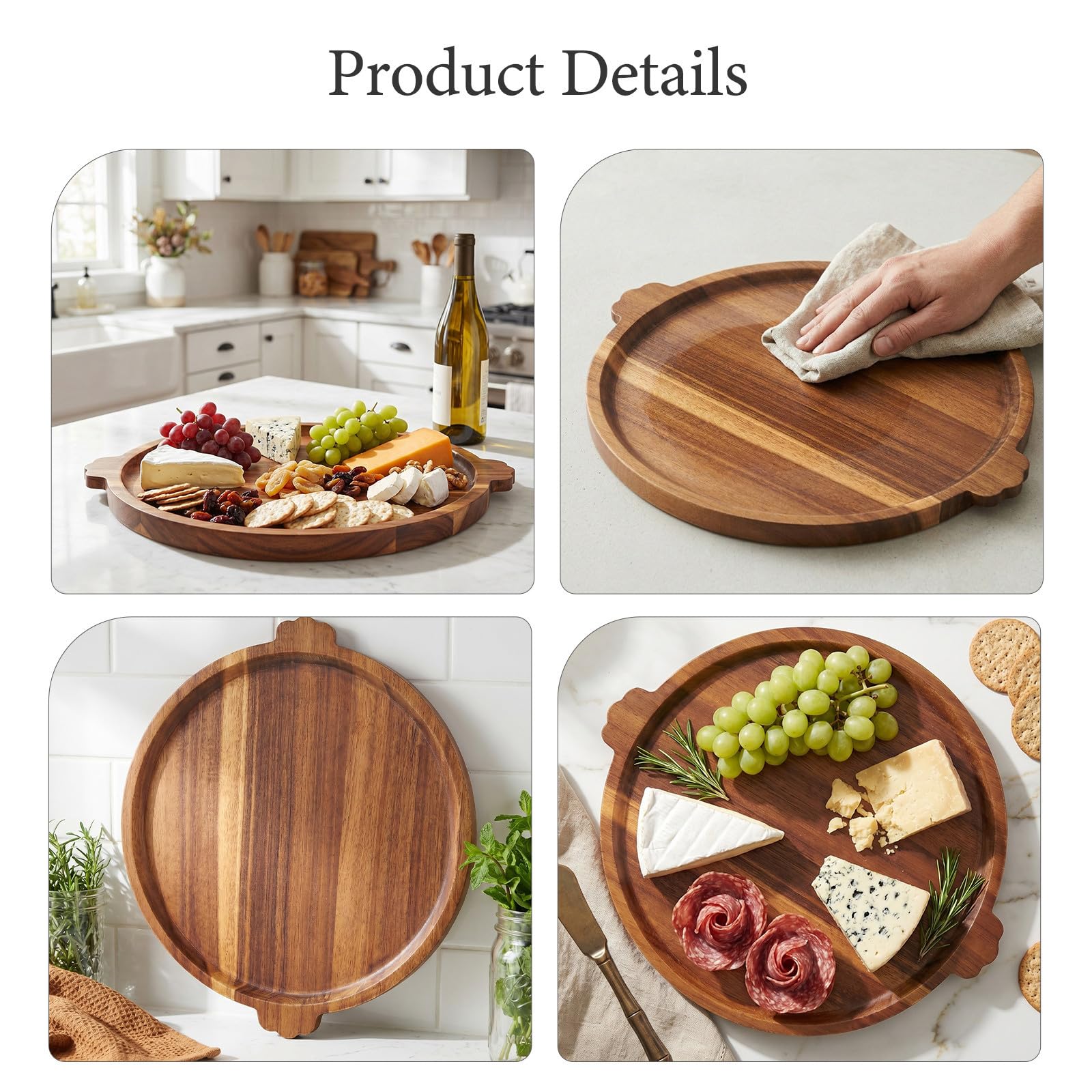 IMIKEYA Bandeja Redonda para Servir Queso y Frutas de Madera con Asas Ergonómicas Diseño Moderno y Minimalista Adecuado para Desayuno en Cama o Mesa de Café