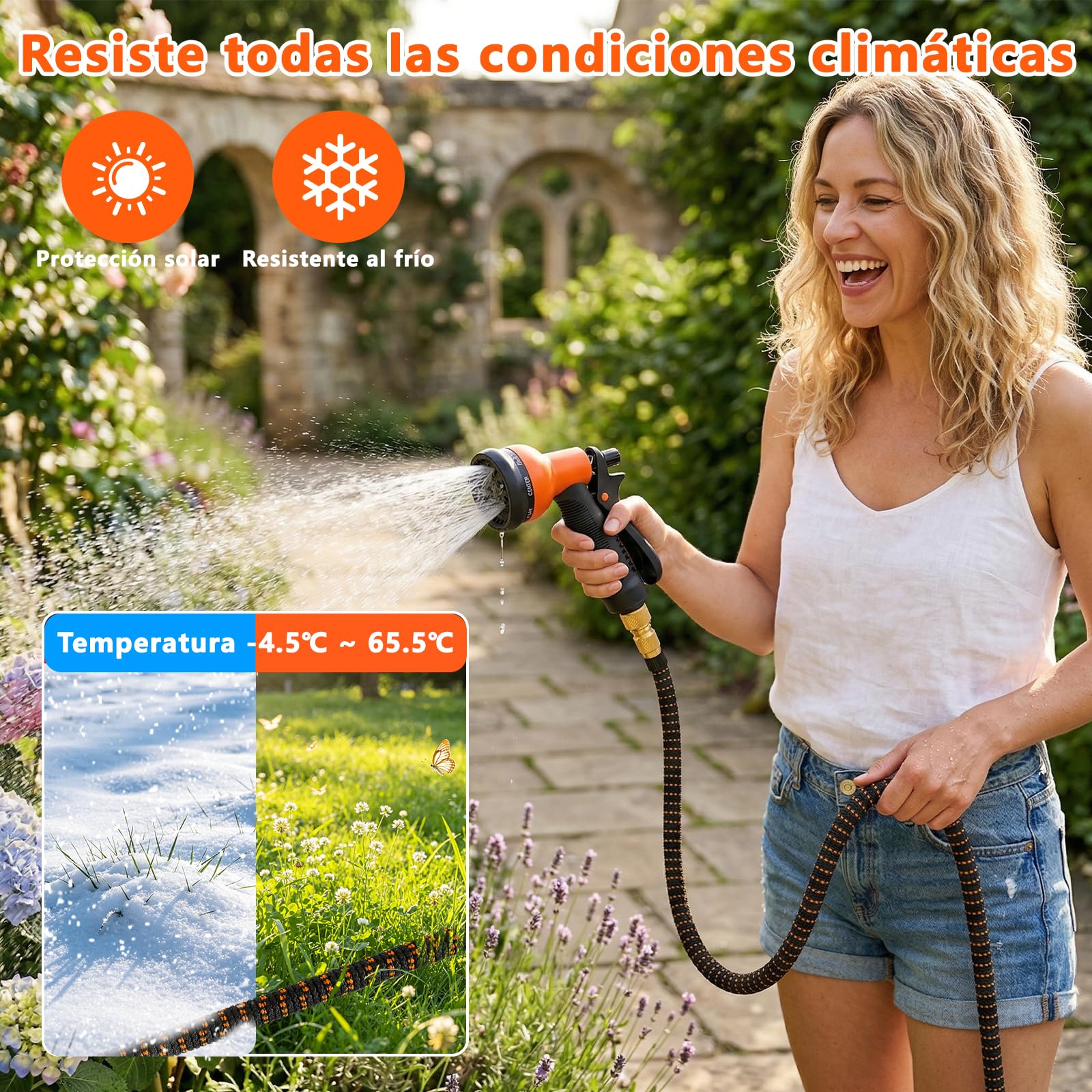 Manguera Jardin Extensible Flexibles 30m Rociador con Conexión de Grifo de 1/2 y 3/4, 8 Funciones con Bolsa de Almacenamient Soporte para Jardín Autocaravana Camping (Naranja)