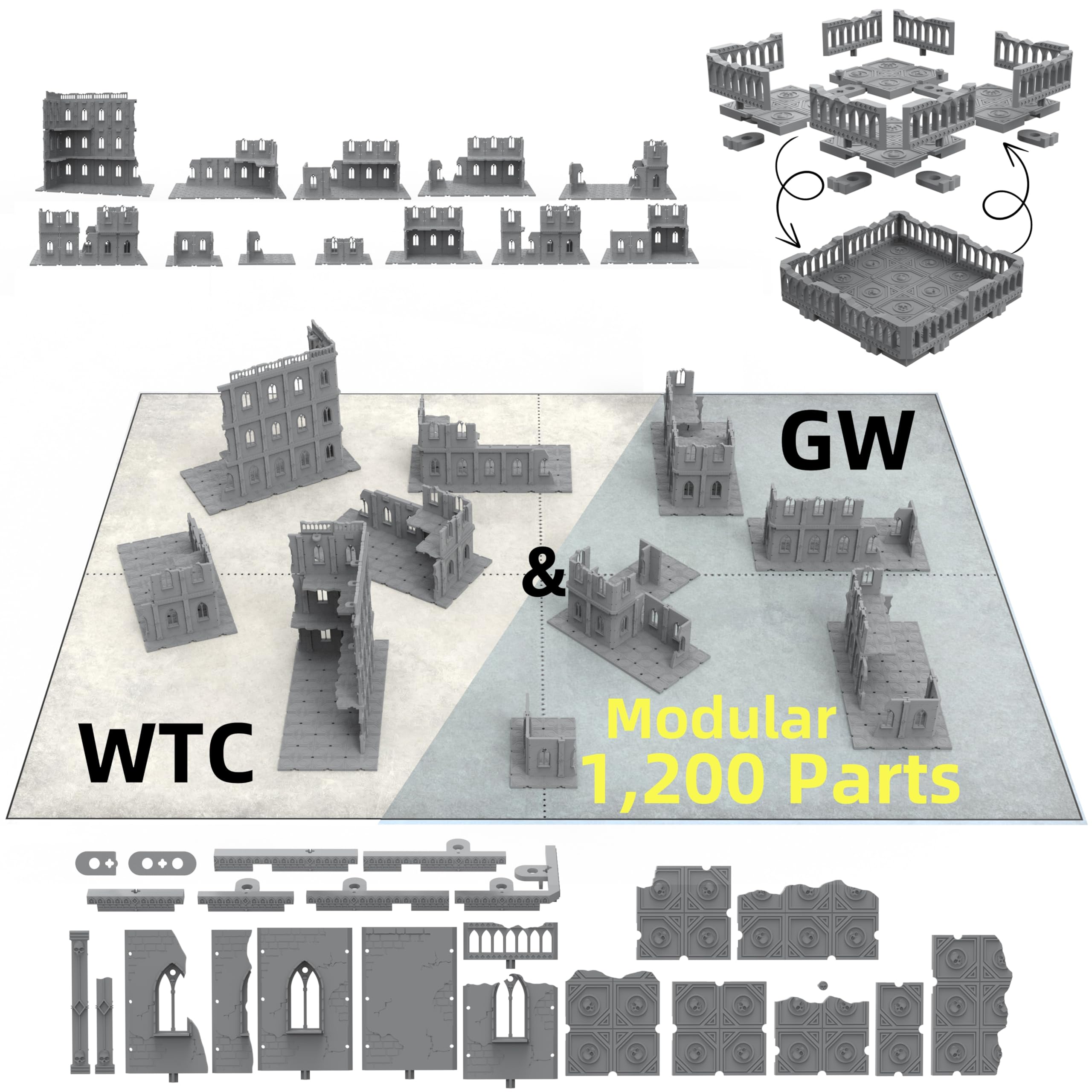 AliKids Modular Terrain Ruin for Wargame WH40K, Compatible with 10E GW & W-T-C, HIPS Plastic Injection Molding (Half-Table Set)