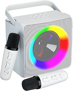 Karaoke Machine with 2 Wireless Karaoke Microphone, Portable Bluetooth Speaker PA System for Adults and Kids - LED Party Lights - Birthday Gift, Home, Party, Meeting, Supports USB, AUX in（White）