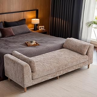 83" Oversized King Size End of Bed Bench Upholstered Chenille Long Window Bench Seat with Arms & Pillows for Bedroom Living Room, Wheat