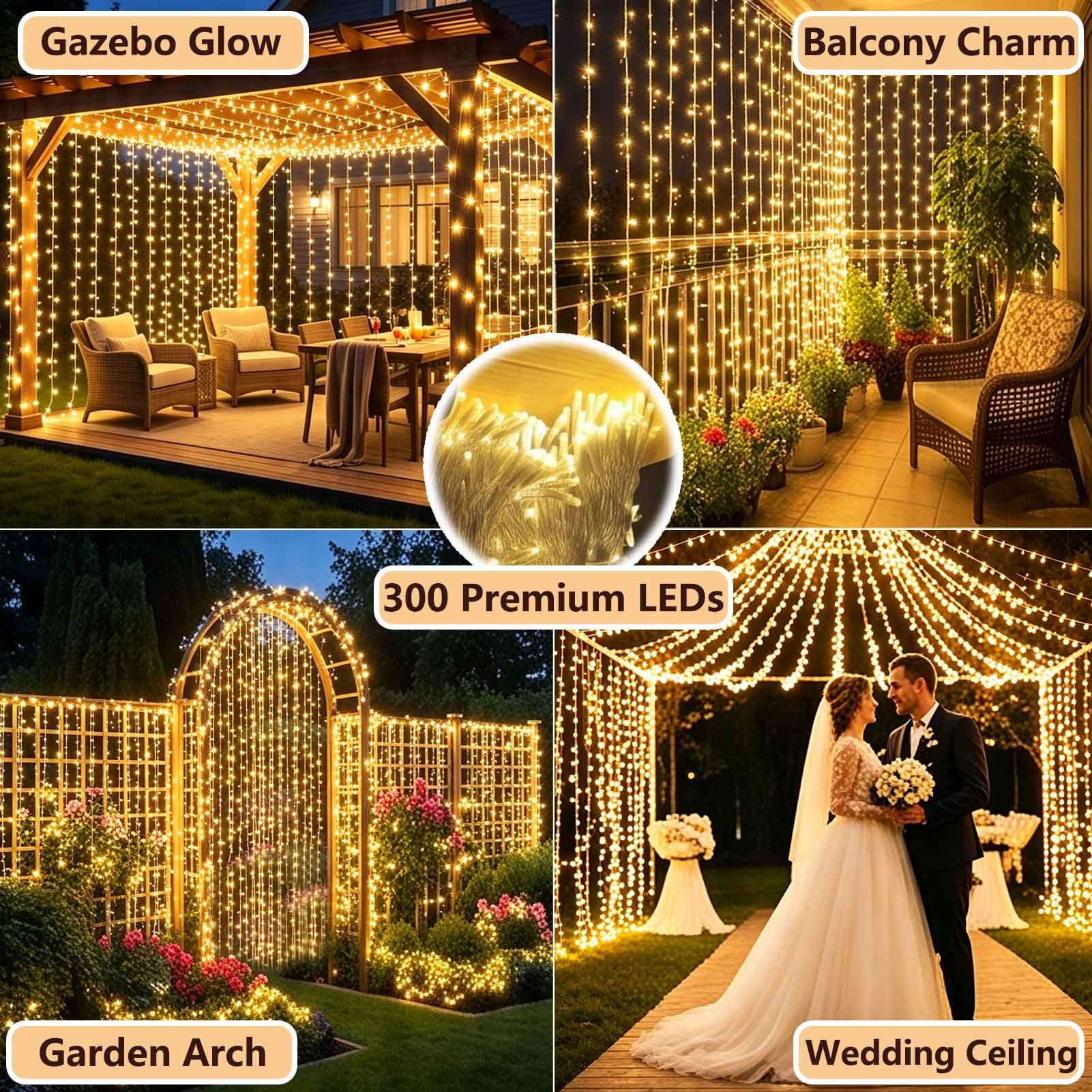Cozymeow Cortina de Luces 3M x 3M 300 LED Guirnaldas Luminosas 8 Modos Impermeable con Enchufe, Luces de Hadas para Decoración Boda Jardín, Terraza, Fiesta, Interior y Exterior - Blanco Cálido
