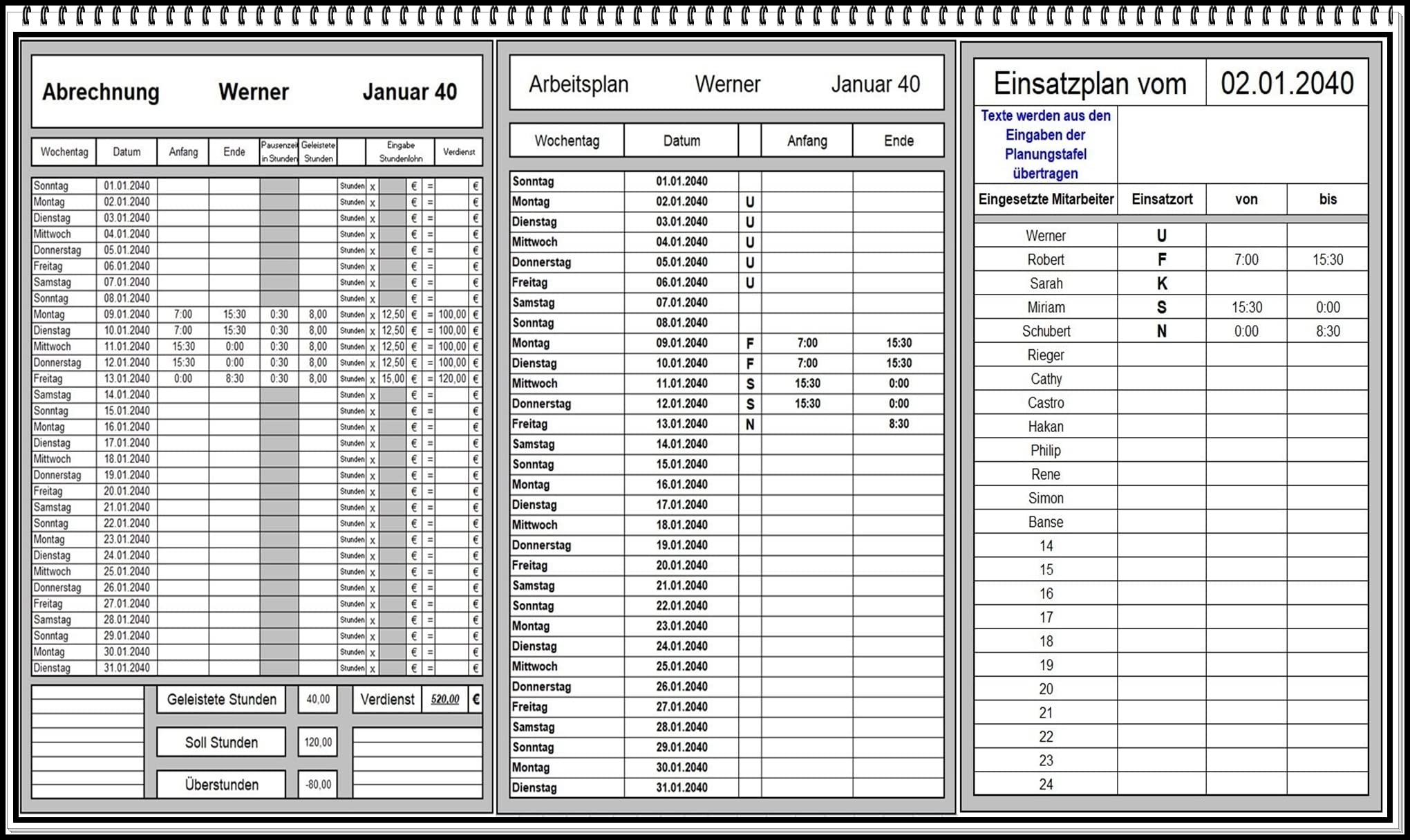 Elektronischer digitaler Dienstplaner Monatsplan Schichtplaner Excel Software mit Lohnabrechnung