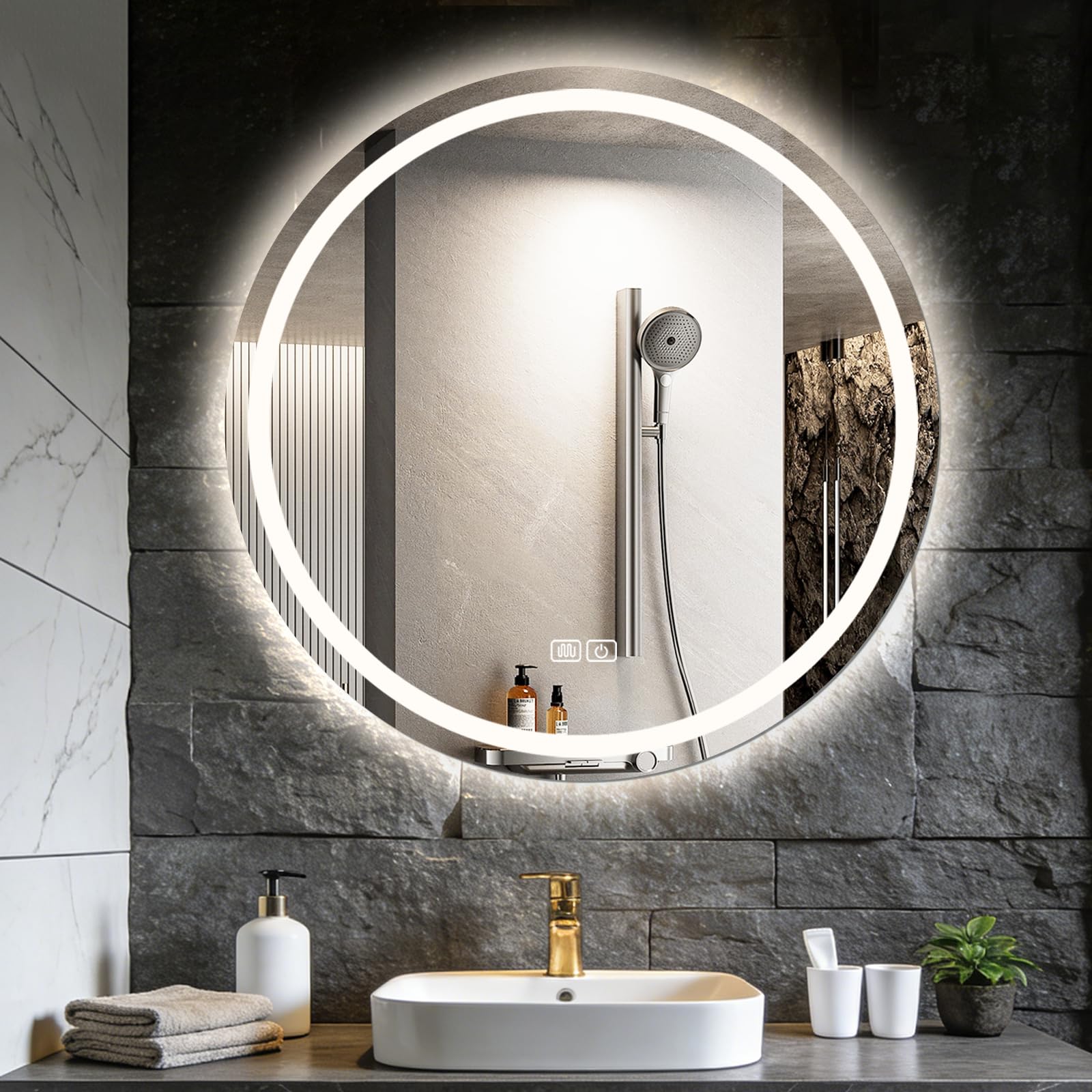 YYUgolo Espejo para Baño con luz LED, Espejo Redondo de 60*60cm, Botones táctiles Inteligentes con Desempañado HD, Espejo de Pared Regulable y con 3 Tonos de Luz Fría, para Baño o Tocador（60 * 60cm）