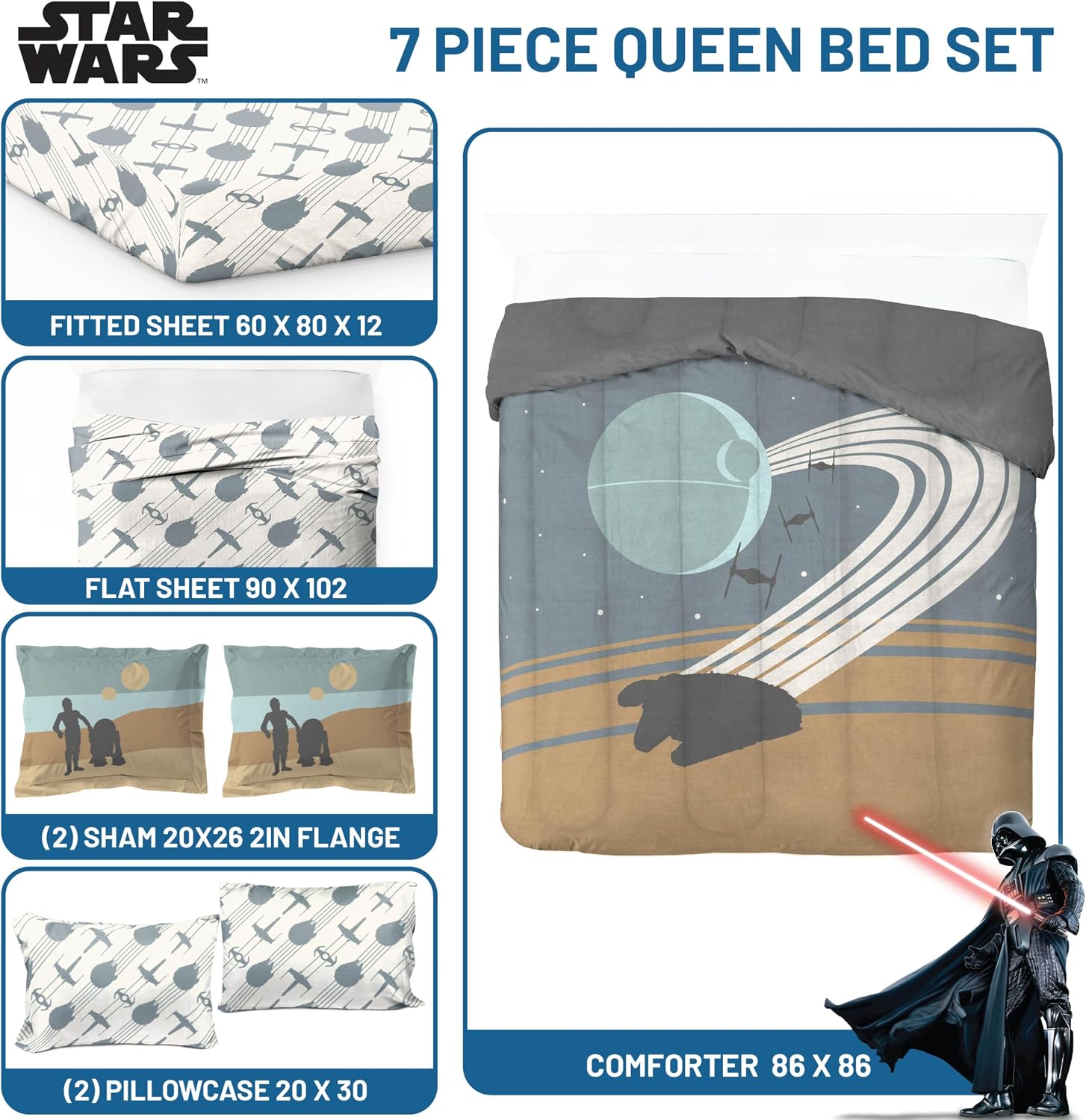 Jay Franco Star Wars Queen Size Comforter Set - 7 Piece Bedding Includes Sheet Set & Pillow Covers - Super Soft Cozy Bedding with Death Star and Millennium Falcon