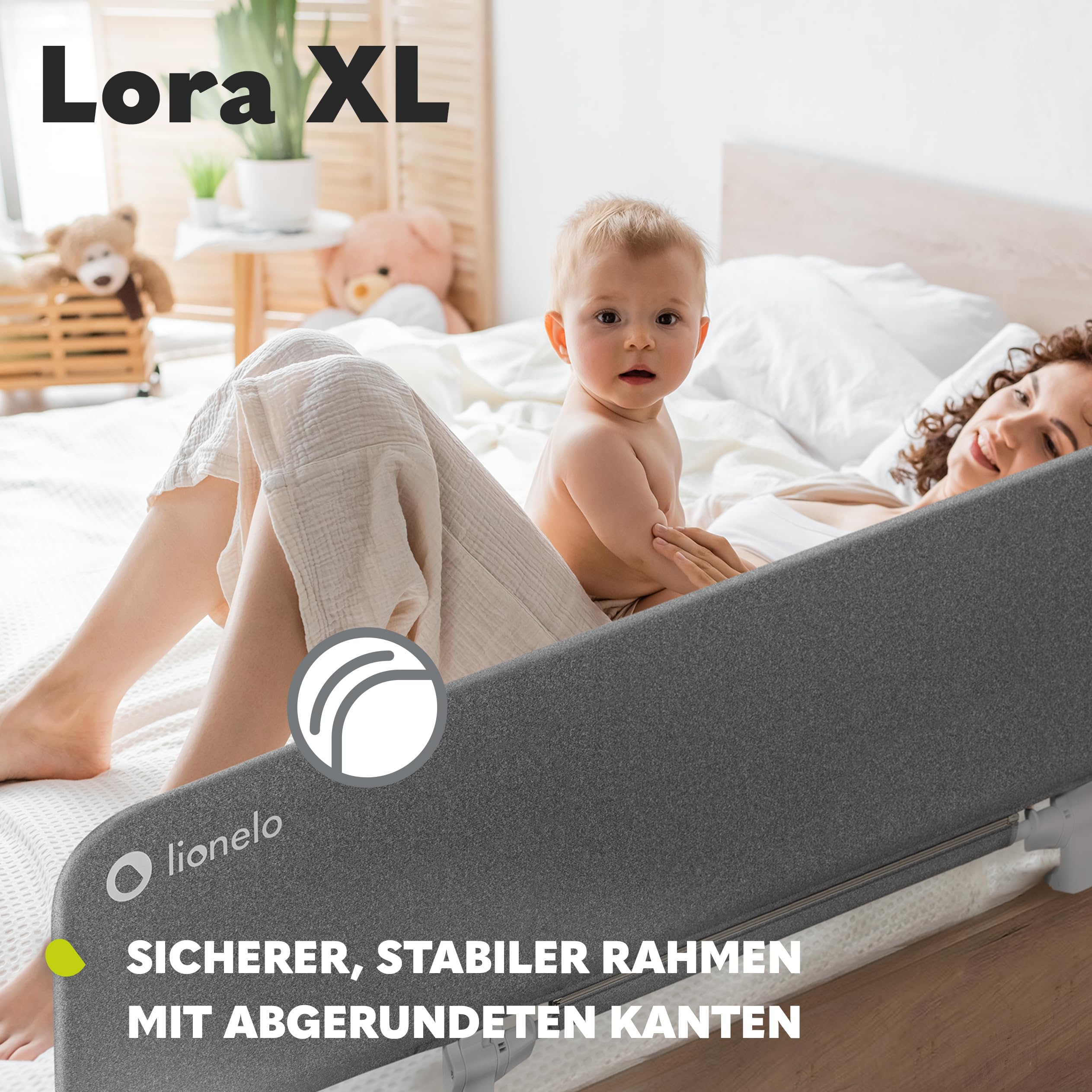 Lionelo Lora XL Tragbares Bettschutzgitter für Kinder, Neigungsverstellung bis 180°, klappbares Schutzgitter für Bett, 45 cm – 150 cm, StandSafe-Sicherung, Schutz gegen Herausfallen