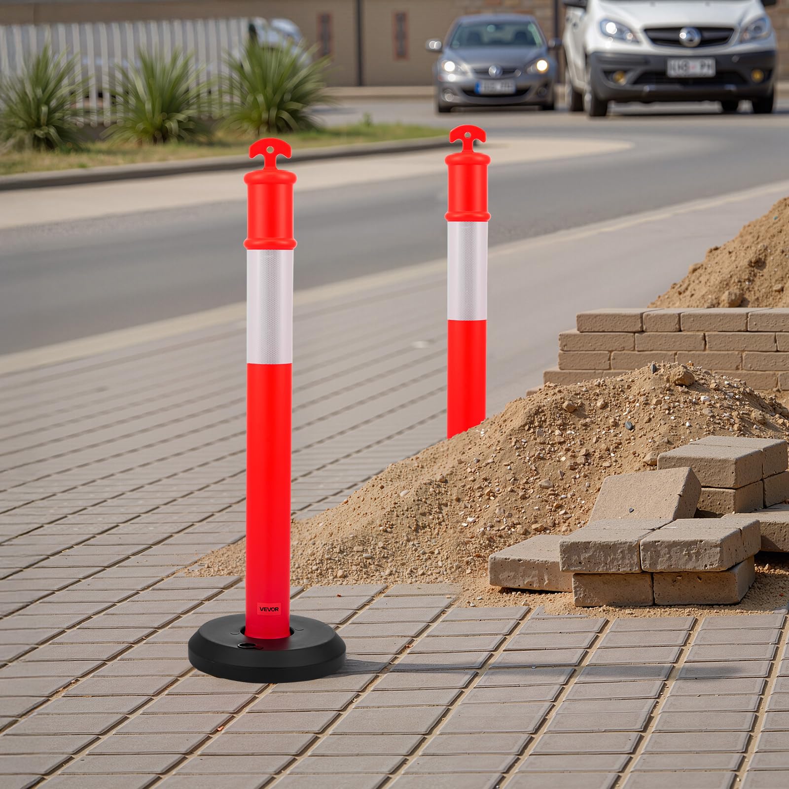 VEVOR Postes de Tráfico 9 Piezas Bolardo 1140 mm Base Rellenable Banda Reflectante Rojo