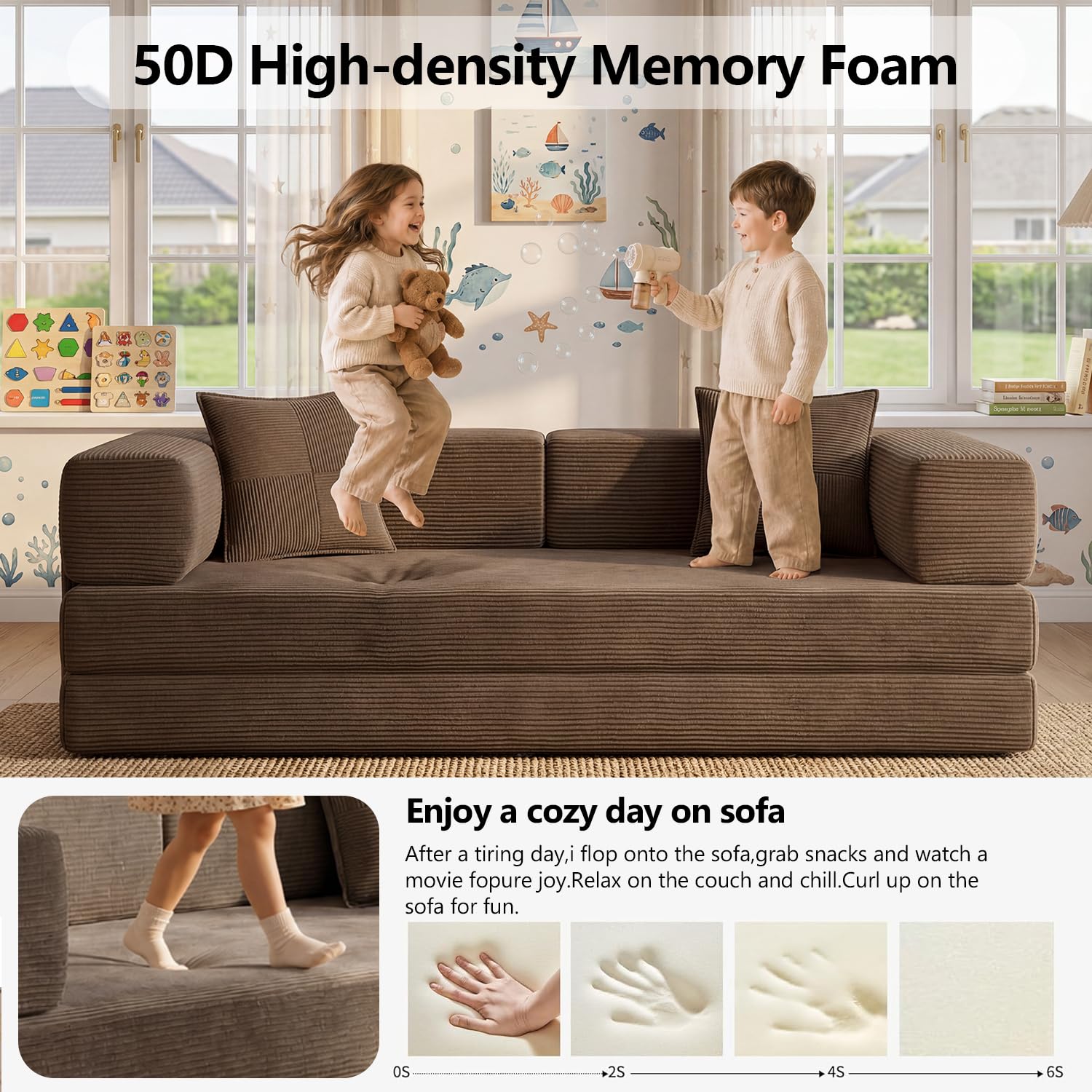 79" Convertible Futon Sofa Bed, Boneless Couch for Living Room | Modular Boneless Sleeper Sofa, Corduroy Pull Out Floor Couch Loveseat with Storage Pocket, No Assembly, Brown