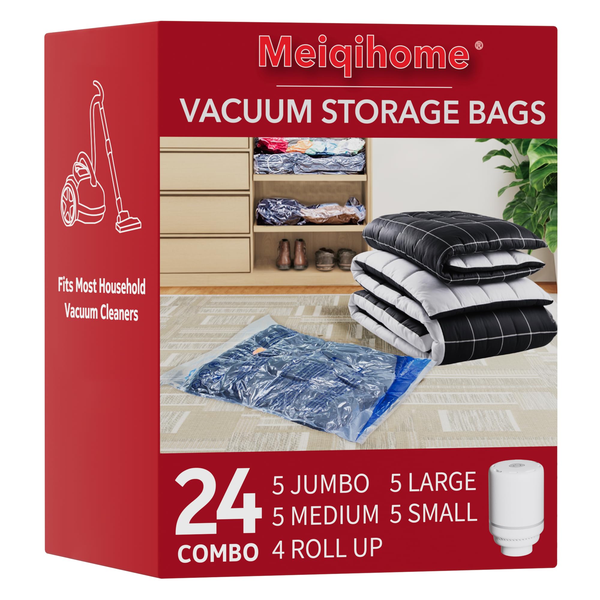 Vacuum Storage Bags with Electric Air Pump 24 Combo (5 Jumbo/5 Large/5 Medium/5 Small/4 Roll), Plastic Packaging Bags,Space Saver Sealer Bags for Clothes, Pillows, Comforters, Blankets, Bedding