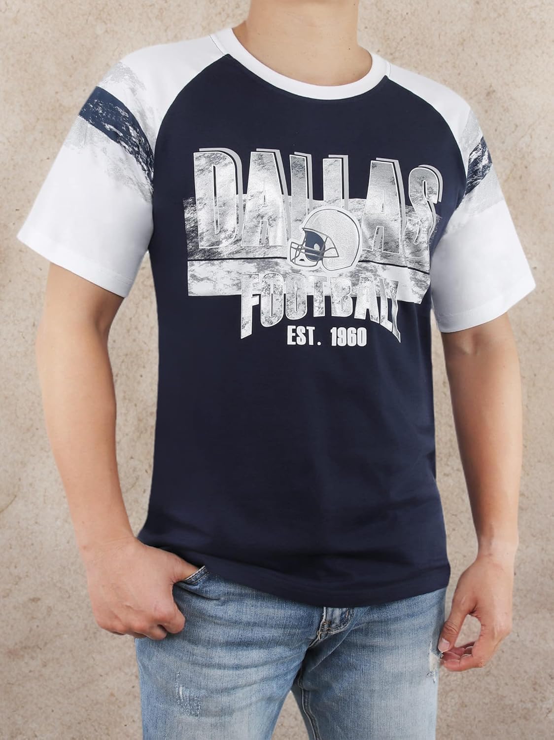 Mens City Football Fans Athletic Arm Stripe Tee Raglan Tee T-Shirts - Navy & White