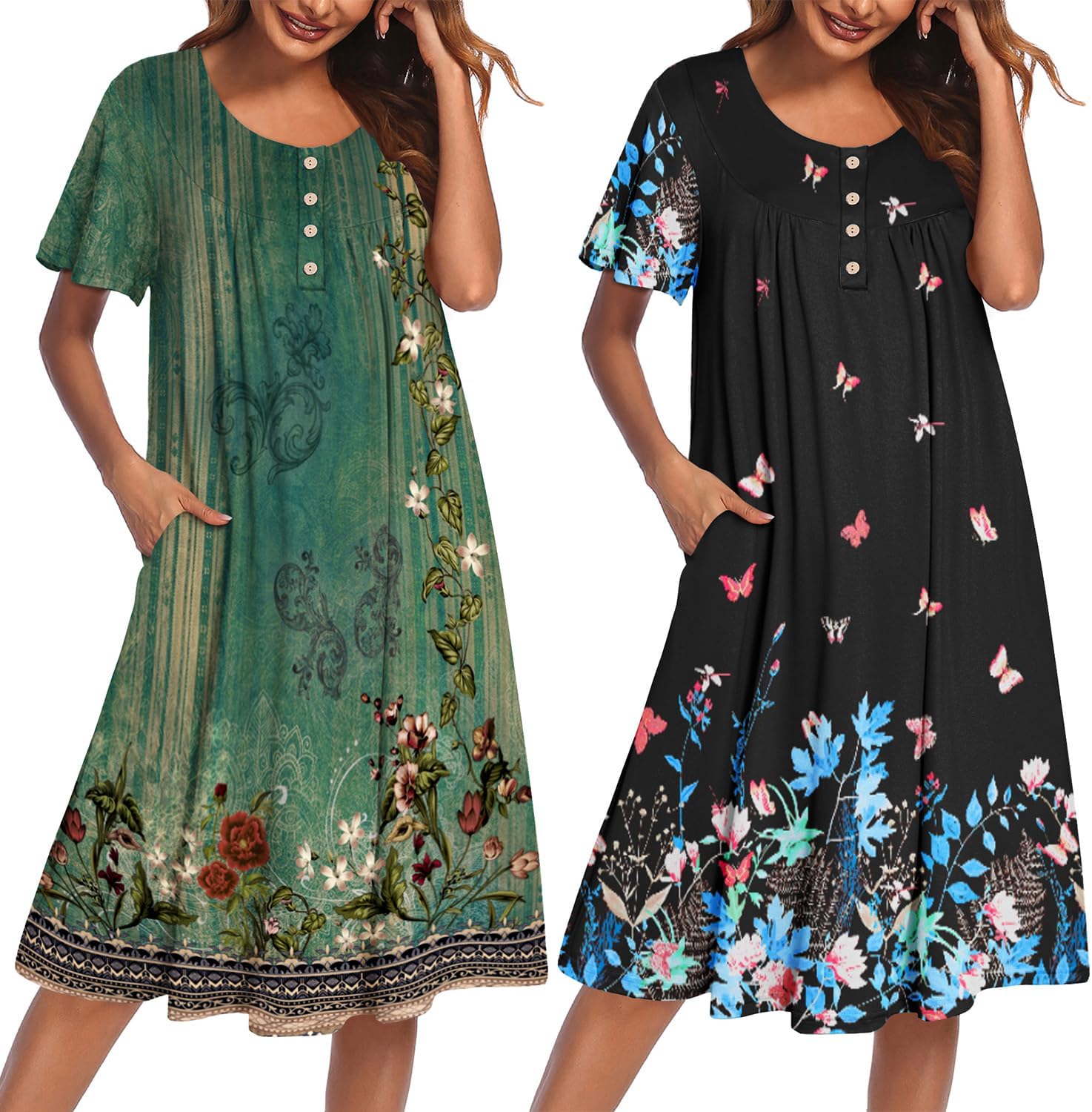 2 Pack House Dresses for Women with Pockets Short Sleeve Moomoo Nightgown Plus Size Mumu Dress Floral Lounge Dress