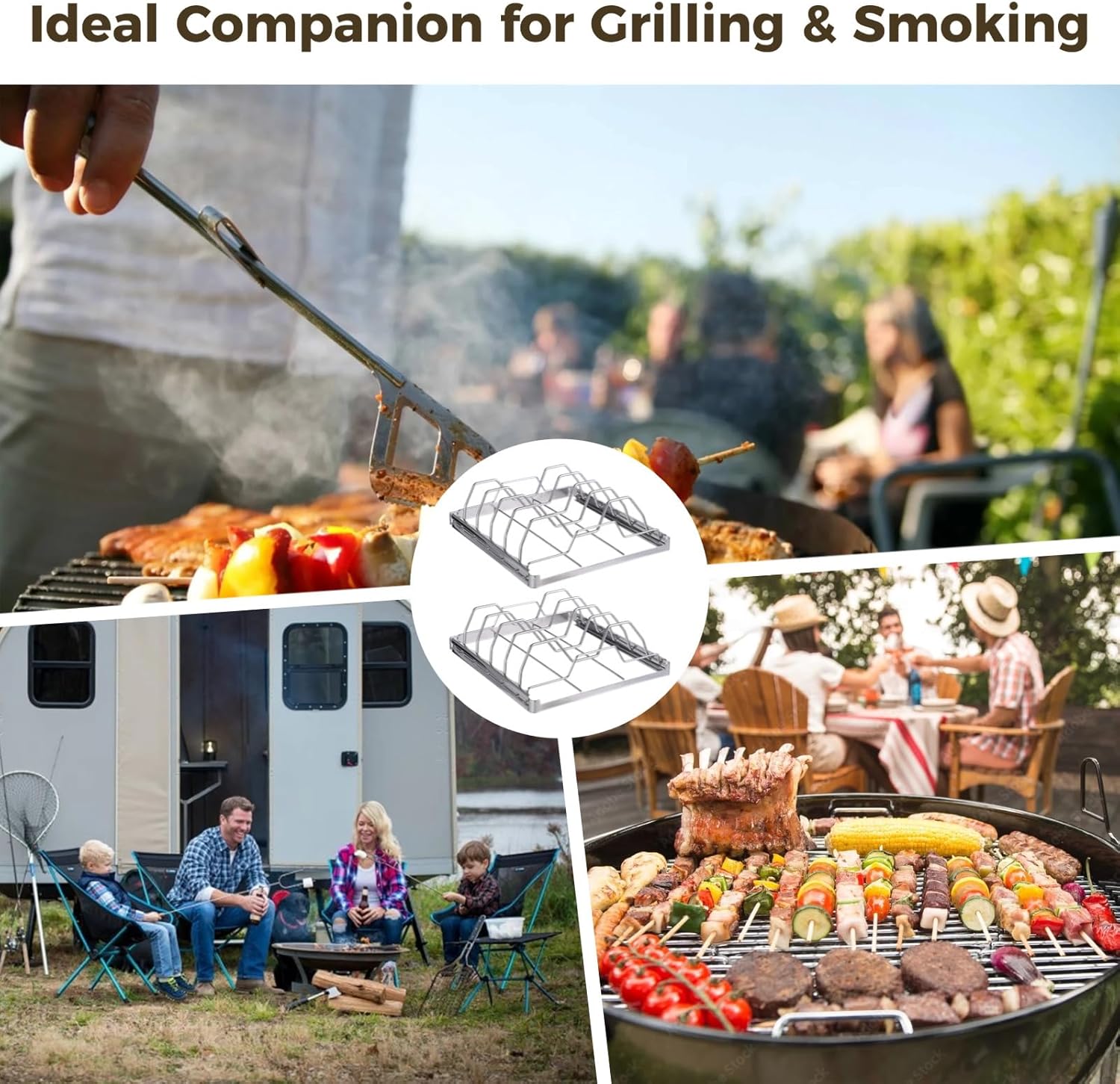 Grilling 2 Pcs Foldable Rib Racks Stainless Steel, BBQ Steak Chicken Roast Racks Holders, with 1 Silicone Brush & Meat Shredders 2, Fit Grills Most, Outdoor Accessories