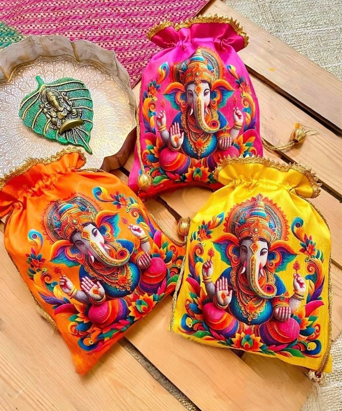 Sanvatsar Decorative Ganesha Potli Gift Bags, Handcrafted Indian Wedding Return Favor Pouches, Pink, Orange, Yellow, Traditional Pichwai Design for Pooja, Diwali, Navratri (15)-image-6