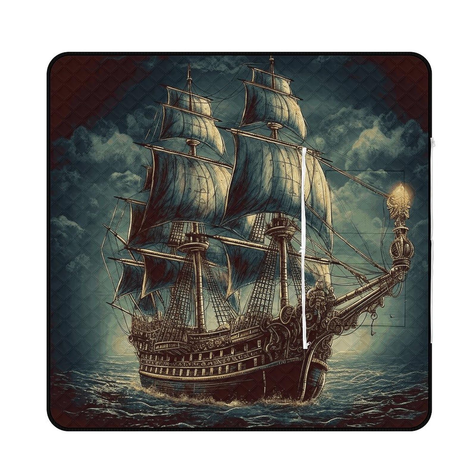 Nautical Vintage Sailing Pirate Ship Picnic Mat 150x150cm Extra Large Picnic Blanket with Zipper Waterproof Sandproof Beach Blanket Portable Beach Mat Foldable Camping Blankets for Park Grass Lawn Tra
