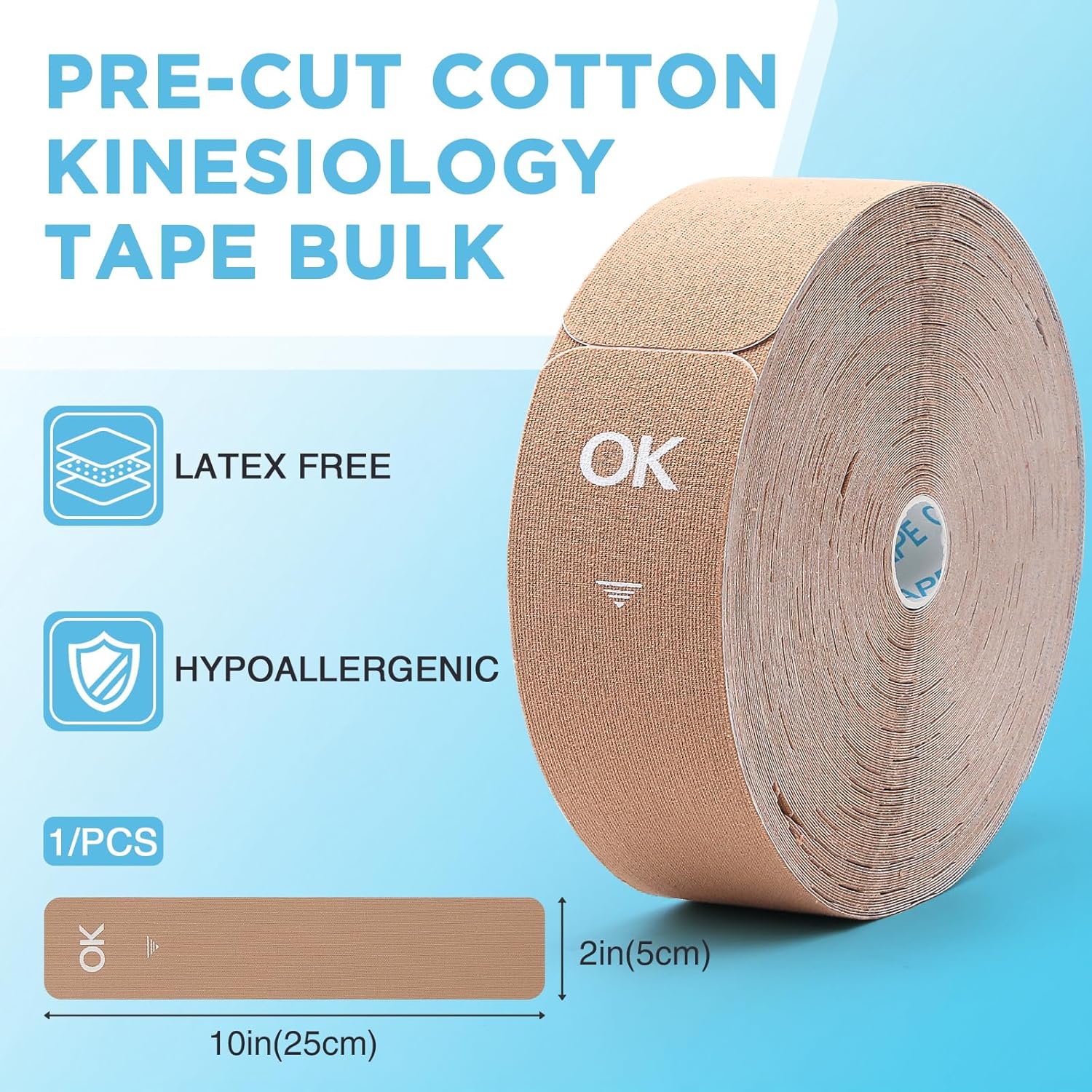 OK TAPE Kinesiology Tape Pre Cut Strips Bulk (100 PCS),Elastic Cotton Latex Free Hypoallergenic Athletic Tape Roll for Muscle Joint Knee,Waterproof k Tape 2in×10in/PCS