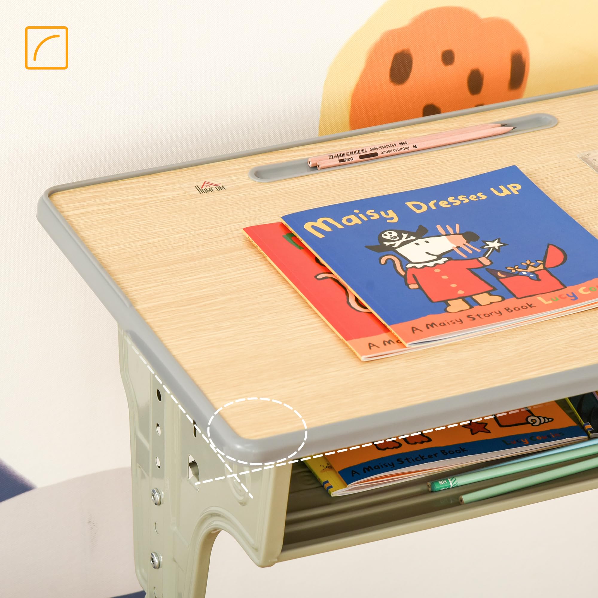 HOMCOM Juego de Escritorio y Silla para Niños de +6 Años Escritorio Infantil Altura Regulable Pupitre Infantil con Gancho y Cajón Madera Natural