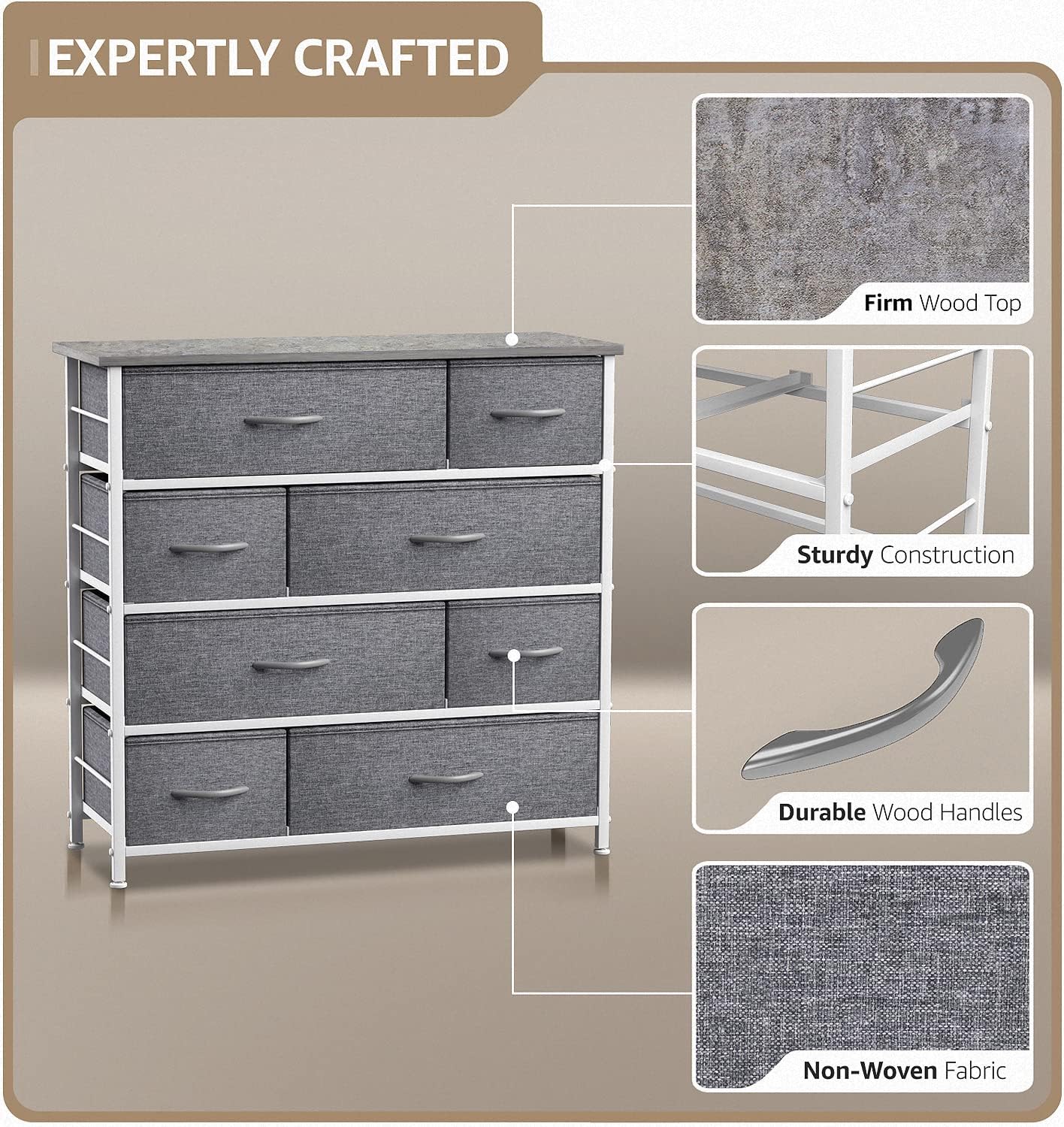 Sorbus Dresser for Bedroom with 8 Drawers - Tall Chest Storage Tower Unit, for Closet, Hallway, Nursery, Entryway Organization - Steel Frame, Wood Top (Light Gray) image 4