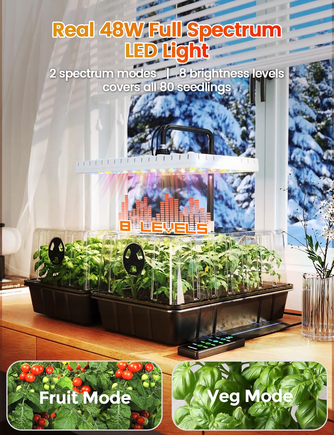 MetryGrow Bandeja de inicio de semillas de 80 celdas con luz de crecimiento de espectro completo de 48 W y alfombrilla de calefacción de 30 W, cúpula ajustable y soporte de luz, base impermeable, kit