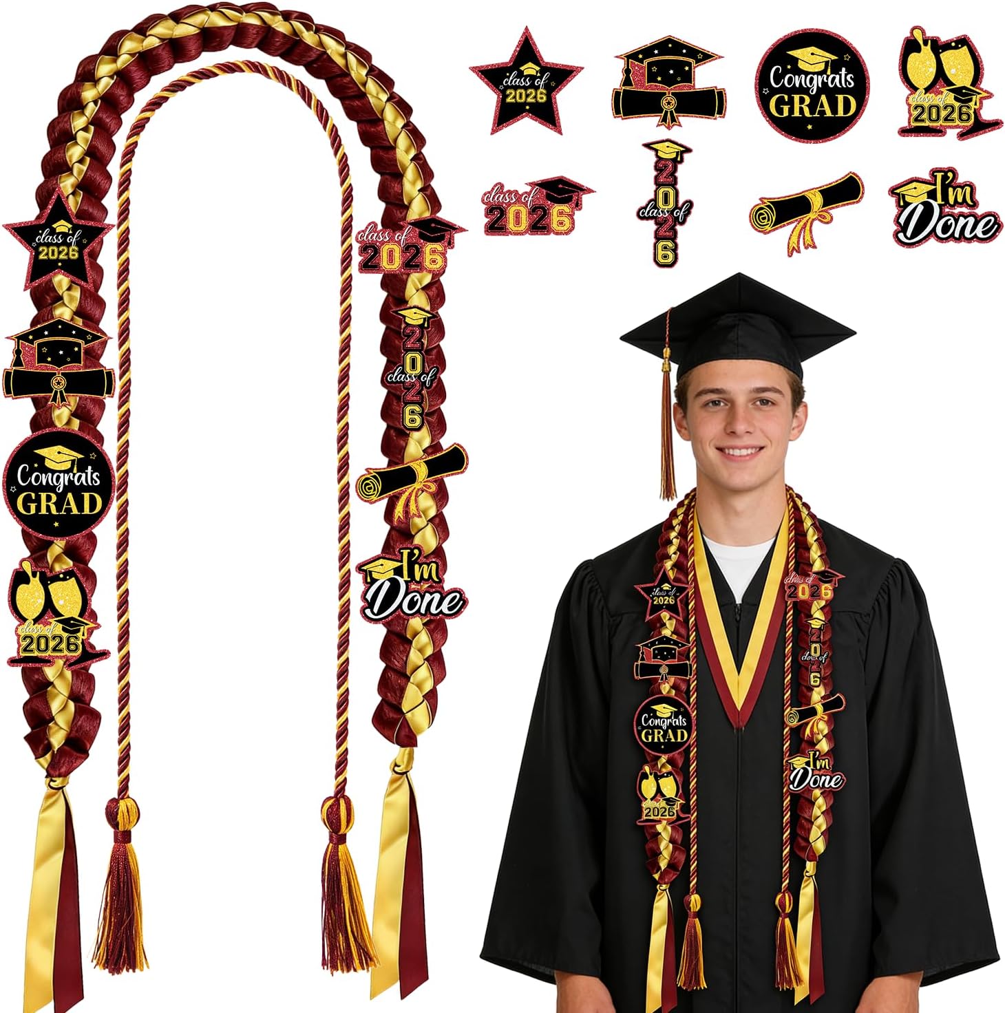 Kindergarten Graduation Leis Set - Class of 2026 Preschool Graduation Ribbon Lei Kit with Candy Lei Tubing Pins Stickers Braided Necklace Gifts for Congrats School Grad Supplies