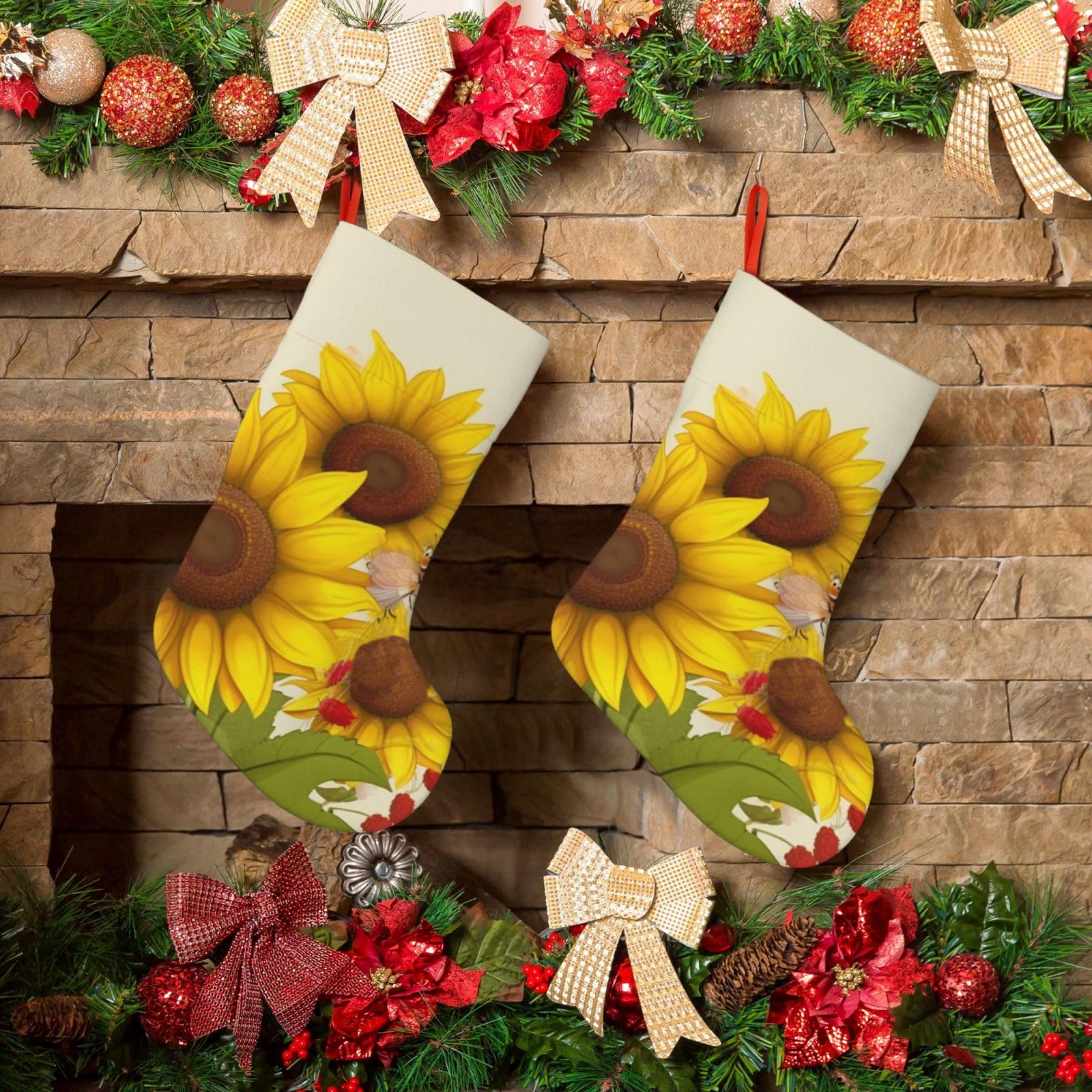 KLOPH Christmas Stockings 18" Personalized Xmas Stocking Bees Sunflowers Daisy Rose Flowers Decoration Stocking Hanging Fireplace Stocking for Holiday Xmas Tree Christmas Fireplace Decor