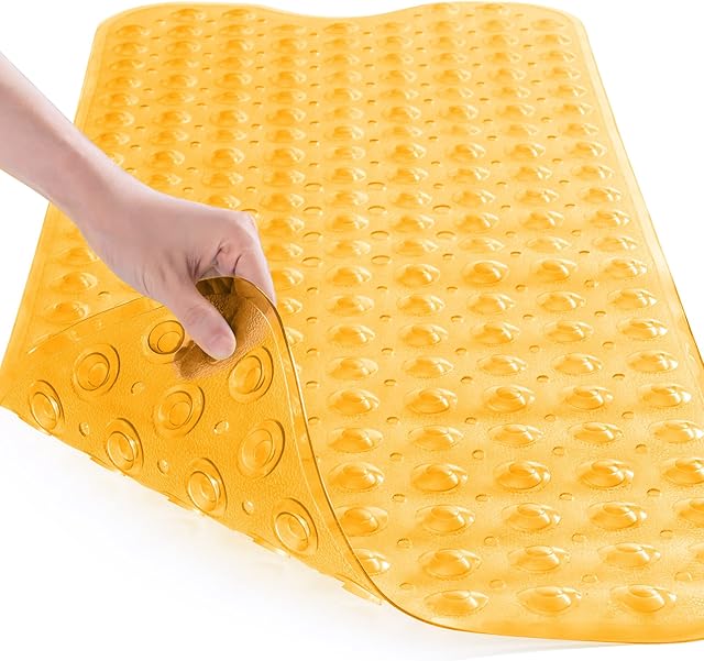 RECYCO Bathtub Mats Non-Slip Anti Mould Shower Mat for Inside Bath Extra Long Bath Mat for Tub With Drain Holes Bathtub Shower Floor Rubber No-Slip Bath Mat Machine Washable 100x40cm,Yellow