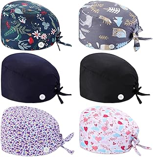 Geyoga 6 Pcs Bouffant Scrub Caps Working Surgical Cap Nurse Hats with Buttons and Sweatband Adjustable Tie Back Hat Women Men