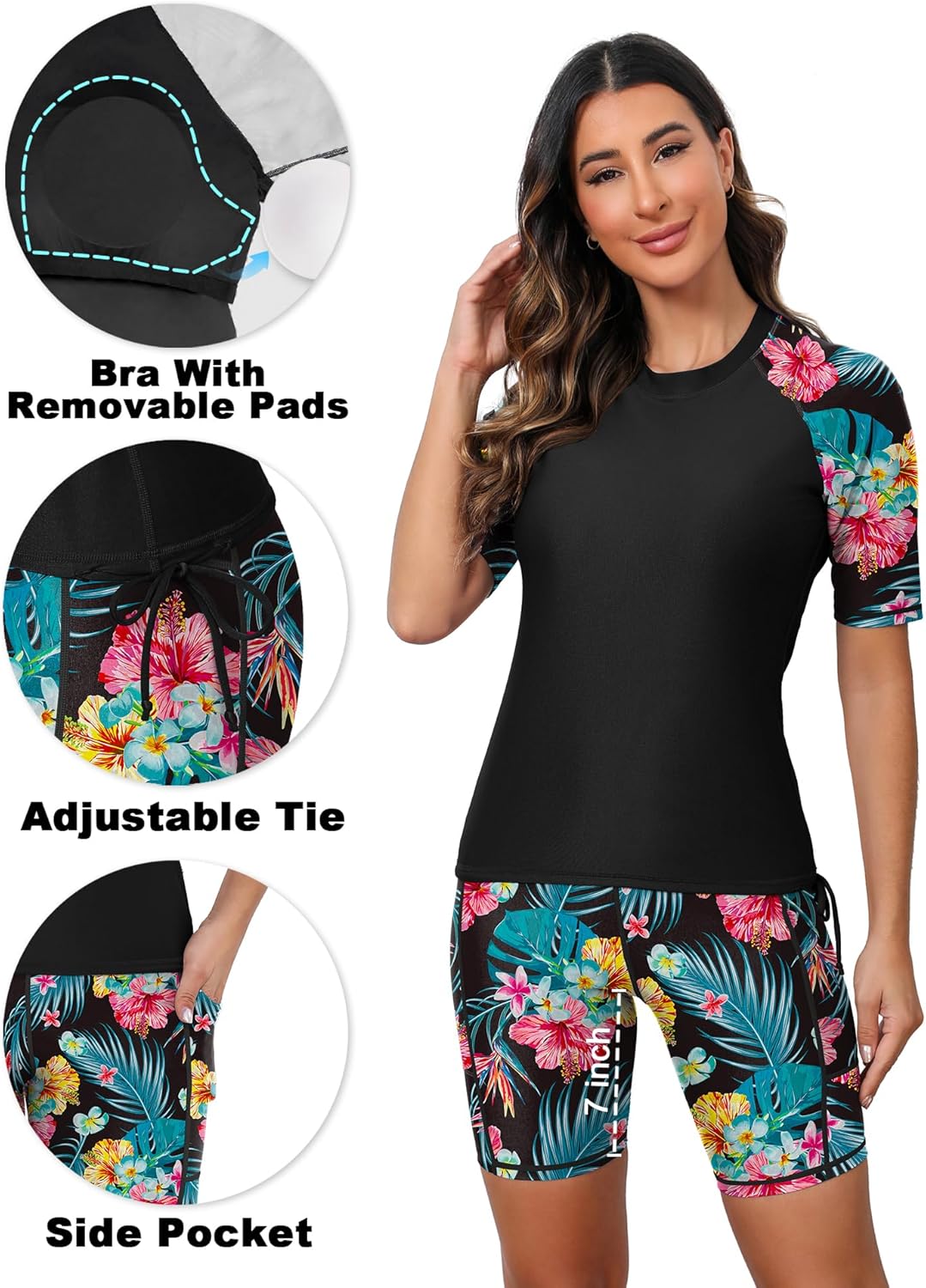 Tournesol Women's Two Piece Rash Guard Short Sleeve Swim Shirts UPF 50+ Built in Bra Swimsuit with Boyshorts with Pockets - Image 4