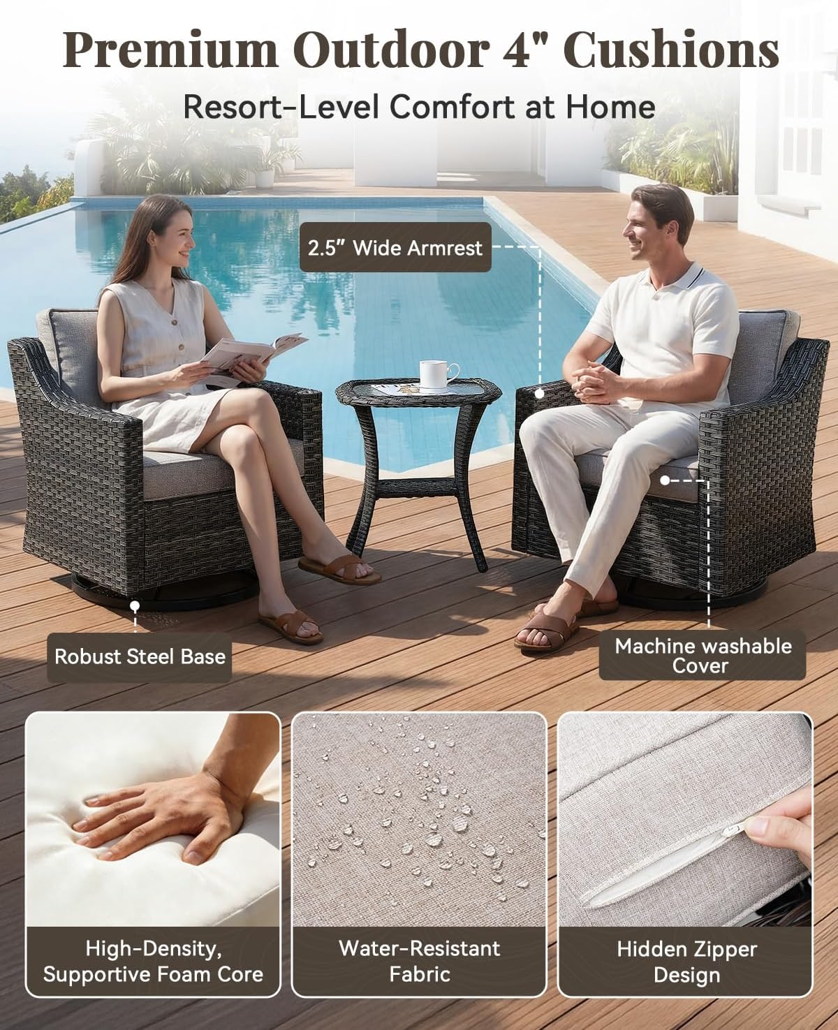 Patio Furniture Set 3 Pieces Luxury Outdoor Bistro with Swivel Rocker Chairs and Side Table, Easy Assembly Conversation Set for Porch Deck Balcony Yard in Gray Wicker and Beige Cushions