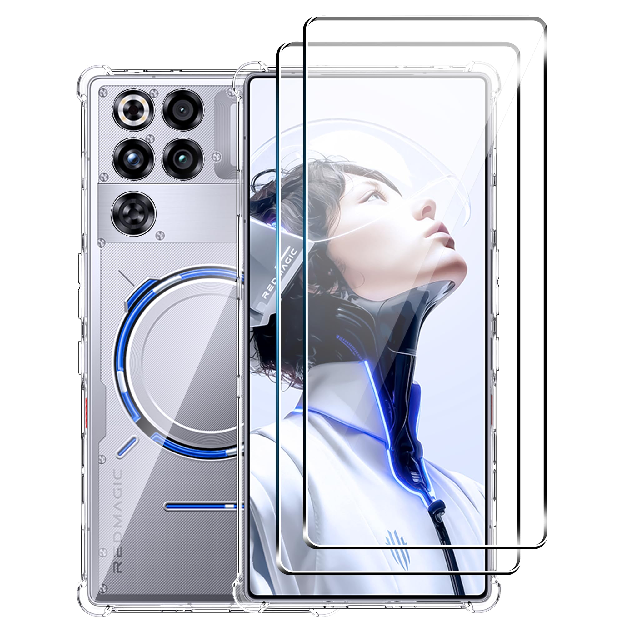 for ZTE Nubia Red Magic 11 Pro/Red Magic 11 Pro+ Case with [2 Pack] Tempered Glass Screen Protector, Clear TPU,Reinforced Corner Shockproof, Anti-Scratch