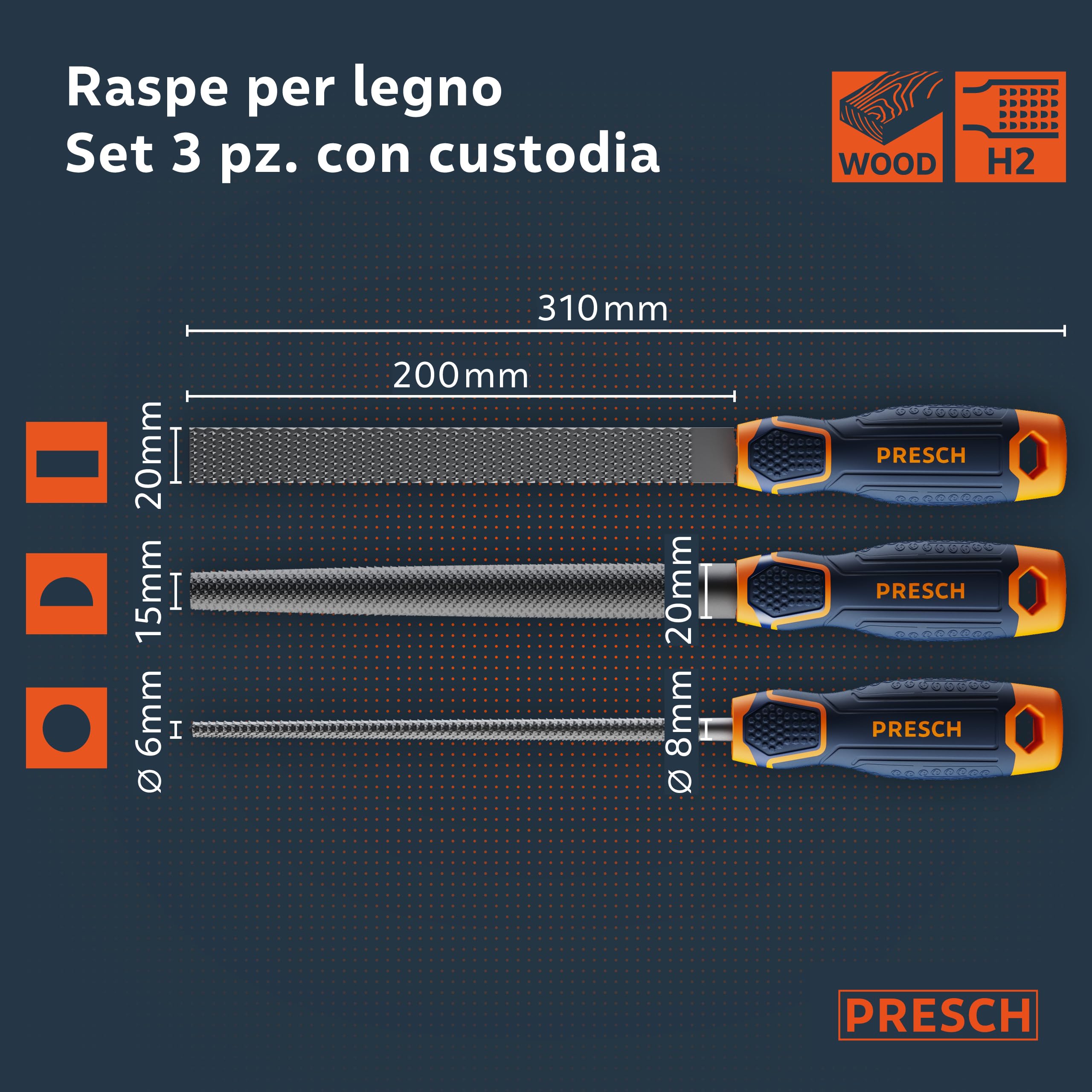 Set di raspe per legno Presch 3 pezzi incl. borsa - Set di raspe per legno di alta qualità comprendente raspa piatta, mezza raspa rotonda e raspa rotonda.