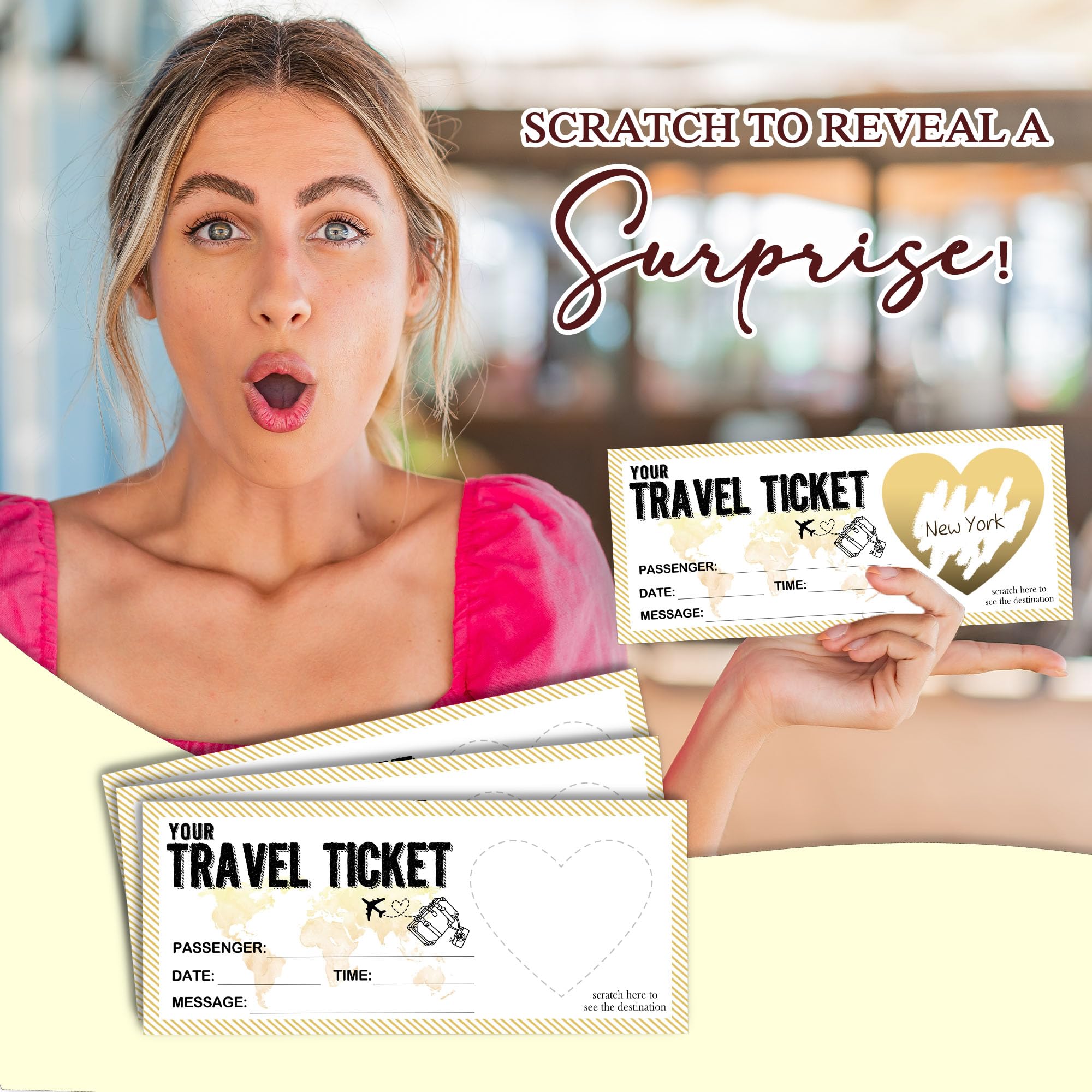 Minimalist Surprise Reveal Card, 2 Set Make Your Own DIY Travel Ticket, Surprise Scratch Boarding Pass Gift For Holiday, Christmas, Wedding, Birthday, Anniversary, Party Supply(3.5"x8" Gold)-C005