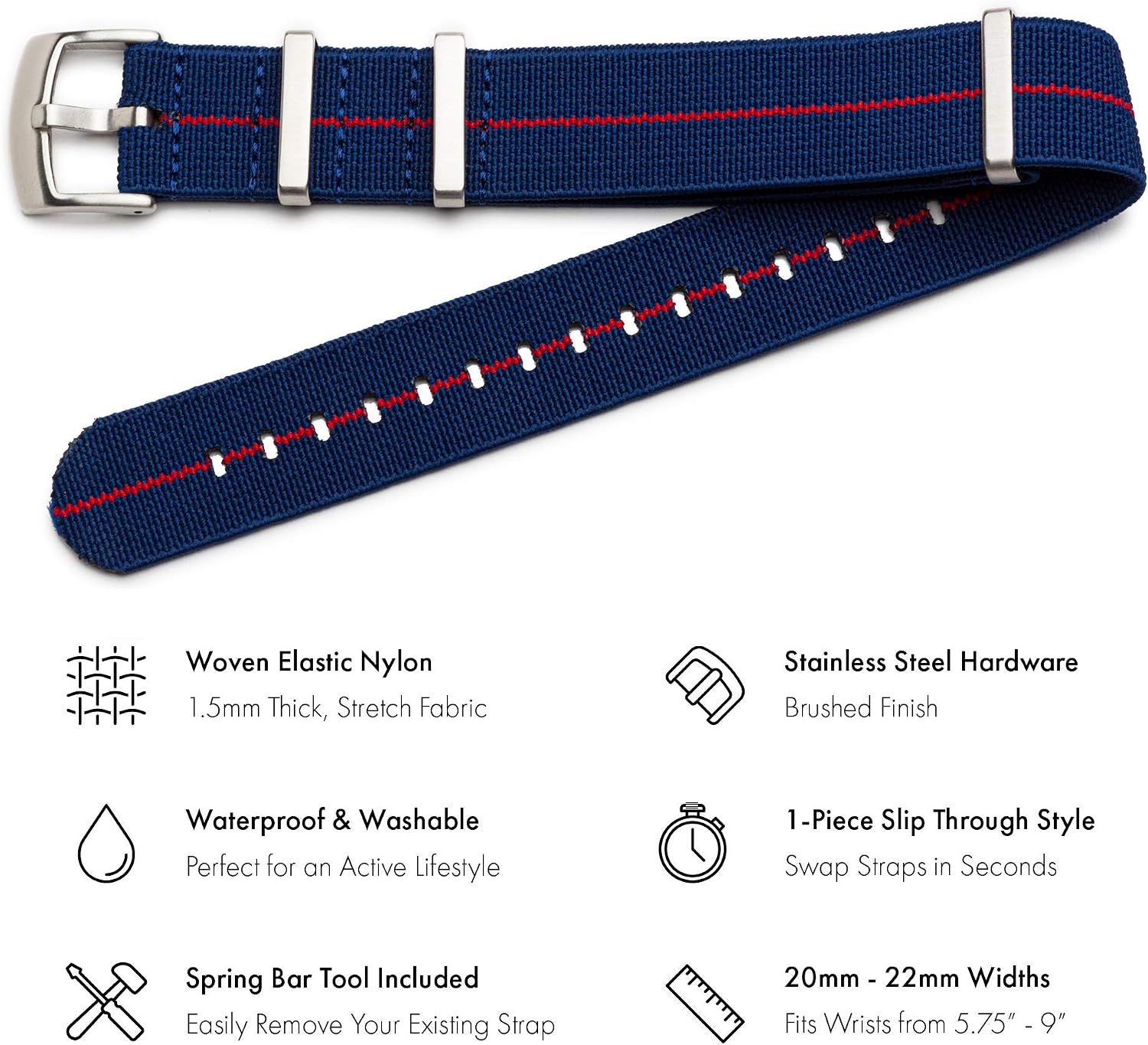 Benchmark Elastic Watch Band - Parachute Nylon One-Piece Military Style Watch Straps for Men & Women - Choice of Color & Width - 20mm or 22mm