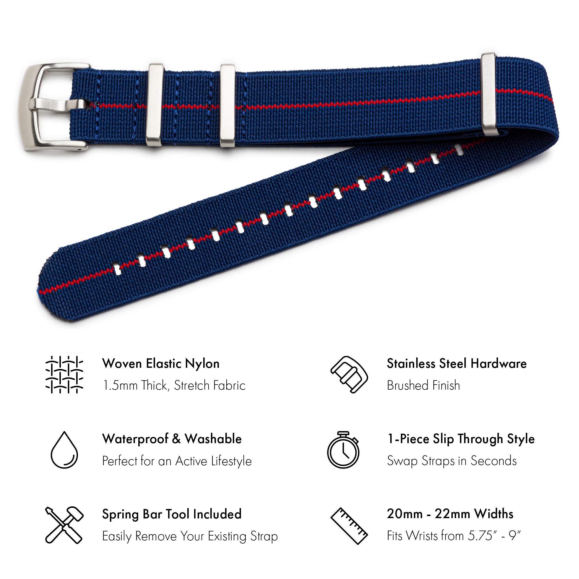 Benchmark Basics Elastic Watch Band - Parachute Nylon One-Piece Military Style Watch Straps for Men & Women (20mm, Navy Blue/Red Striped)