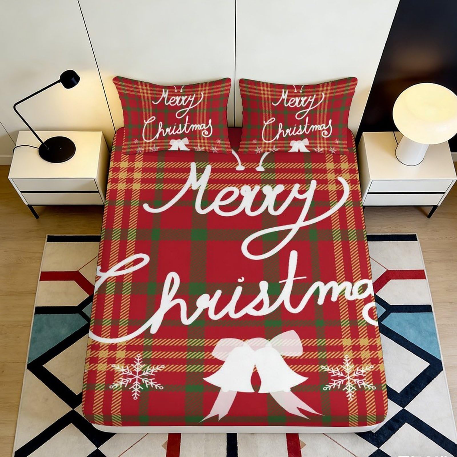 3D Printed Christmas Plaid Fitted Sheet Microfiber Soft Breathable Holiday Bed Cover with Snowflake Pattern for Bedroom Dormitory Guest Room 200x200x25cm