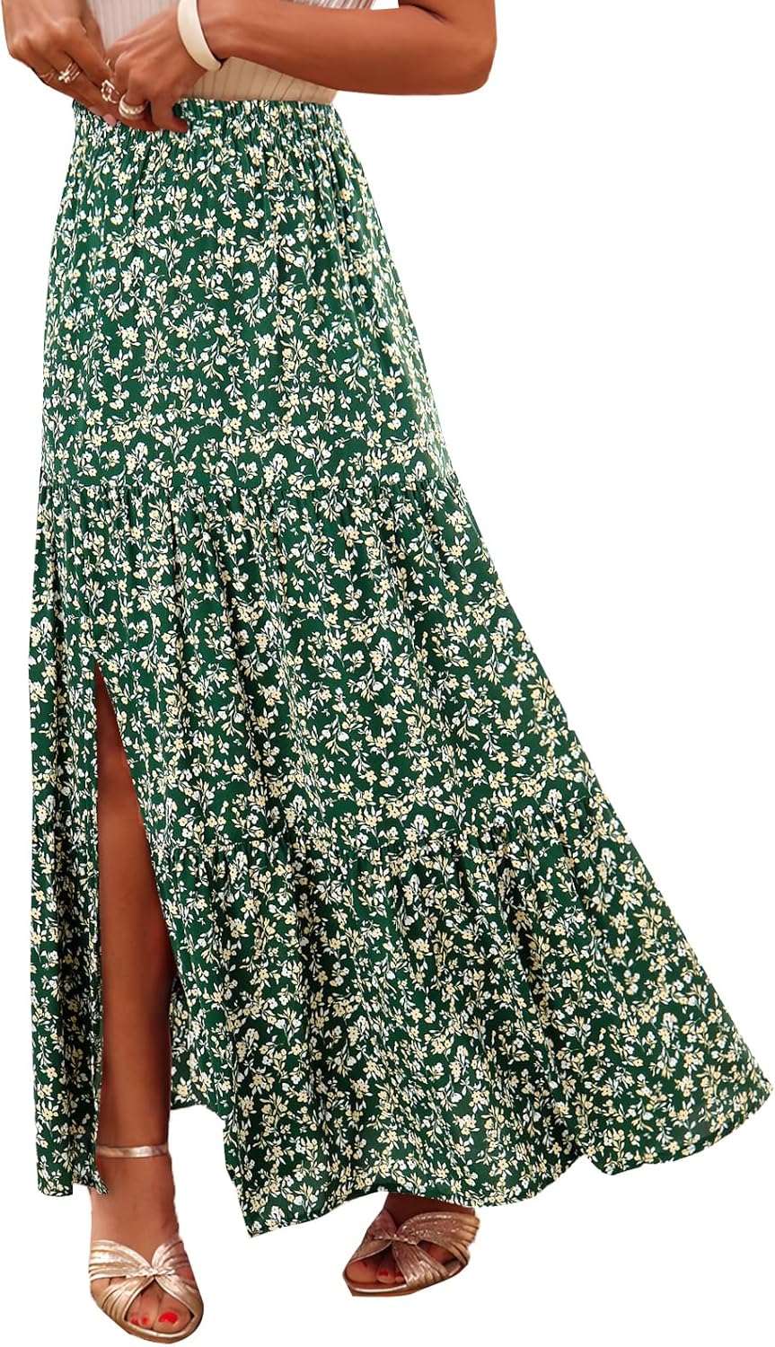 Happy Sailed Summer Skirts for Women Floral Print High Waist Flowy Split A Line Boho Maxi Skirt with Pockets
