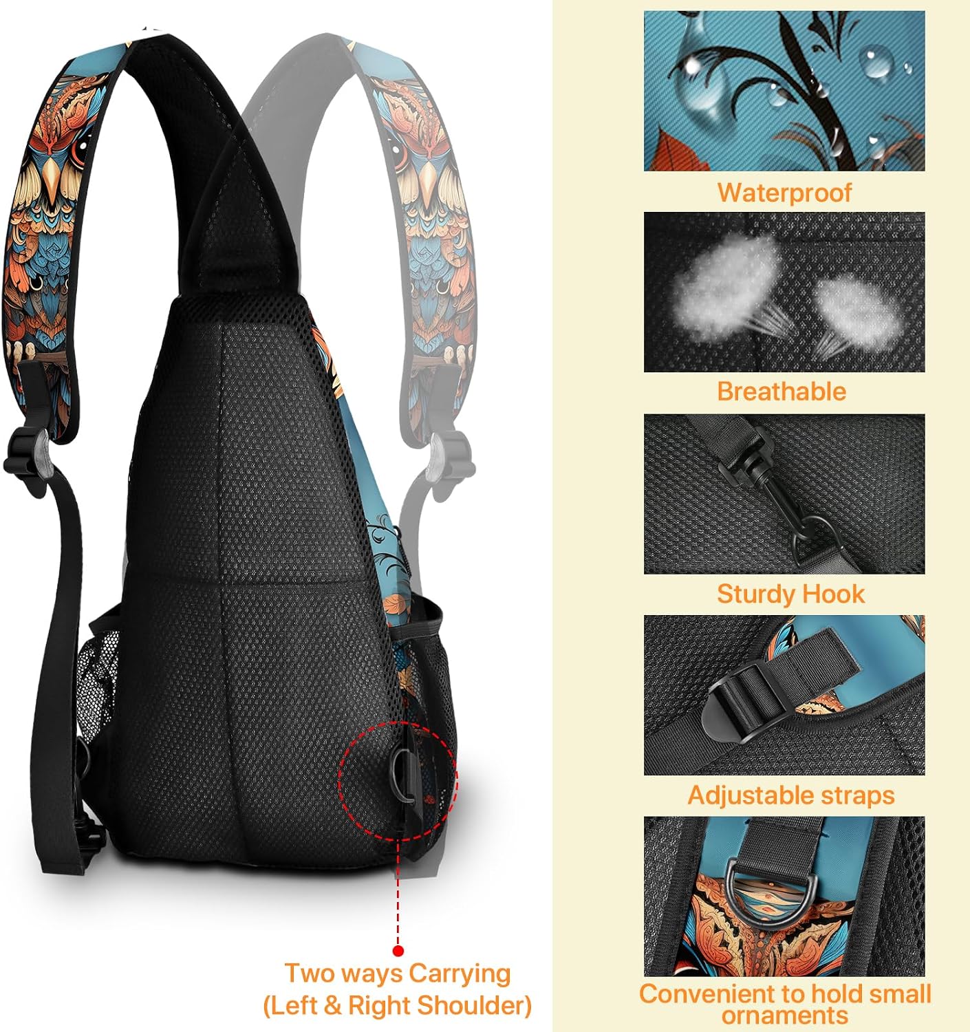 Owl Sling Bag travel Crossbody Backpack Casual Daypack for Women with Strap Lightweight Outdoor Hiking Climbing Runners