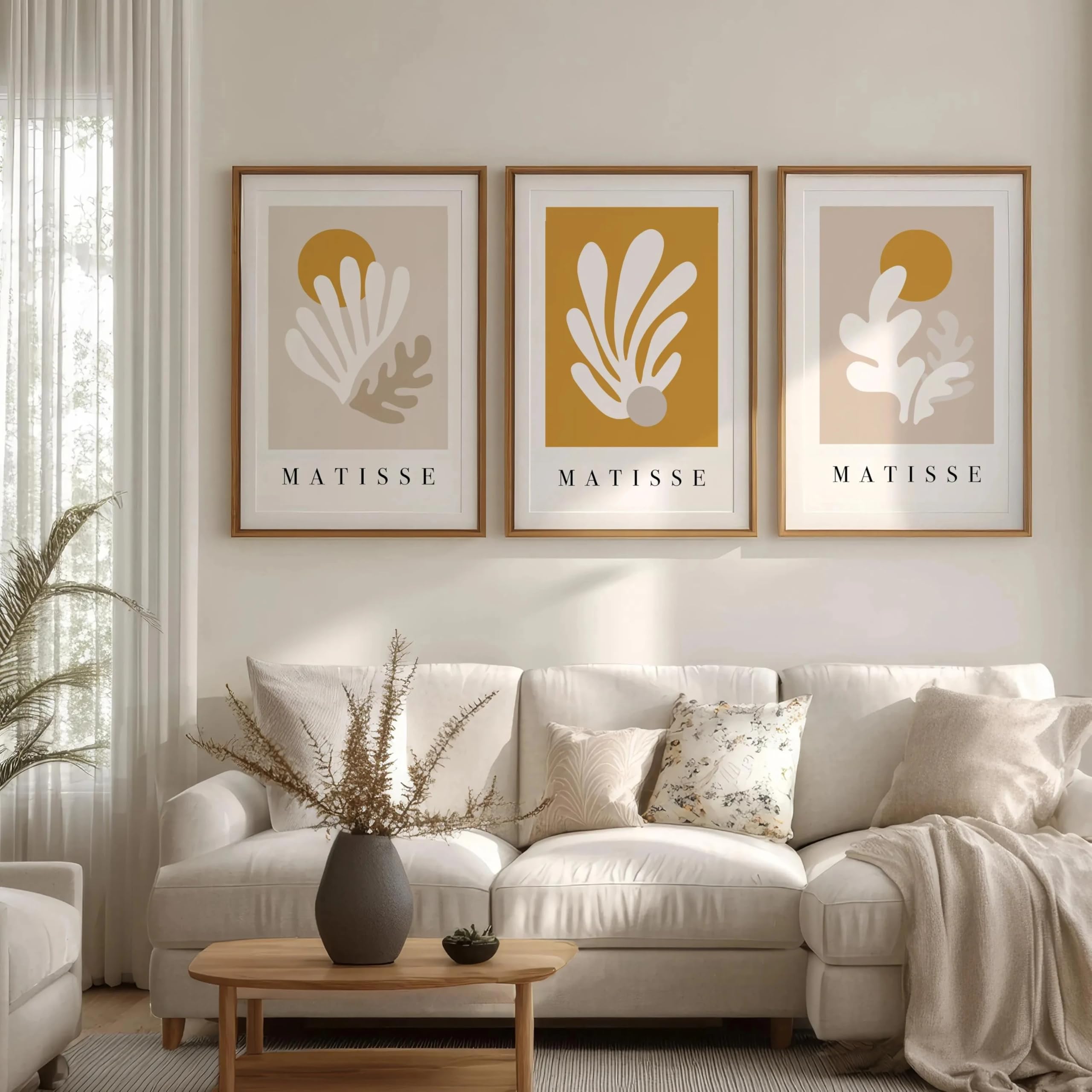 Láminas de arte mural de Matisse, pósteres modernos de mediados de siglo en beige y amarillo mostaza, láminas botánicas, arte para sala de estar (50x70cm/3 piezas sin marco)
