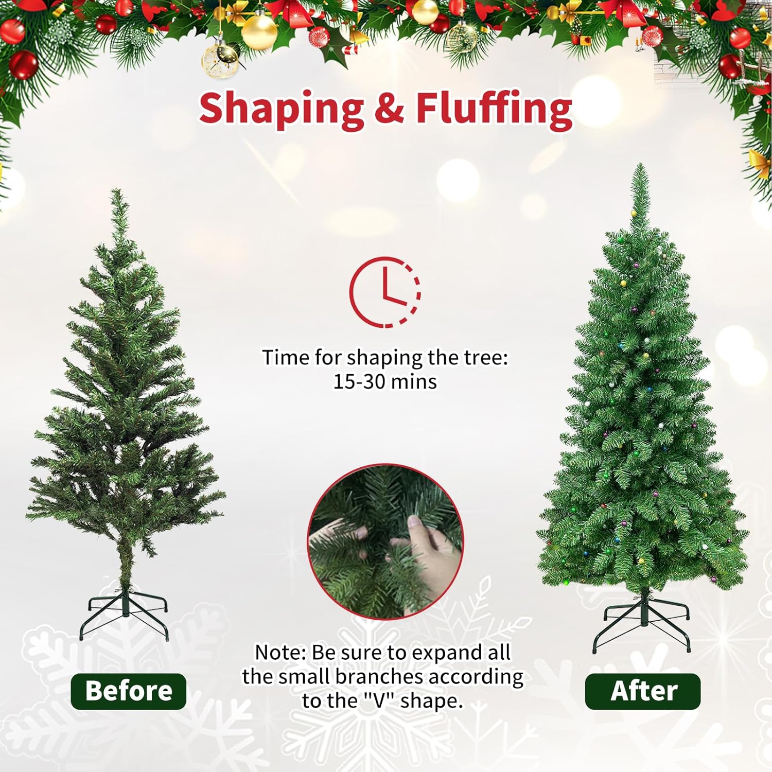 QBA 5FT Pre-Lit Christmas Tree, Artificial Christmas Tree with 420 PVC Branch Tips, 150 Multi-Color Lights, Fake Xmas Tree for Home Office Party Decoration, Green