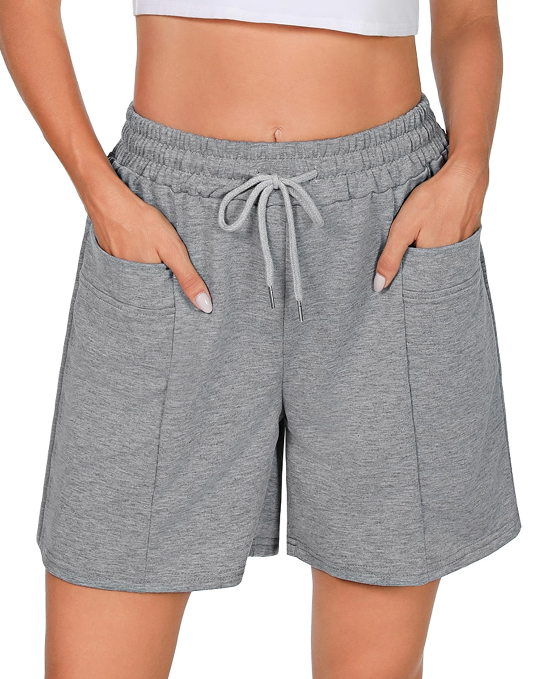Demegimi Shorts Damen Bermuda Kurze Sporthose Knielang Sweatshorts Sommer Sport Shorts High Waist Lässig Kurz Hosen Baumwolle mit Taschen
