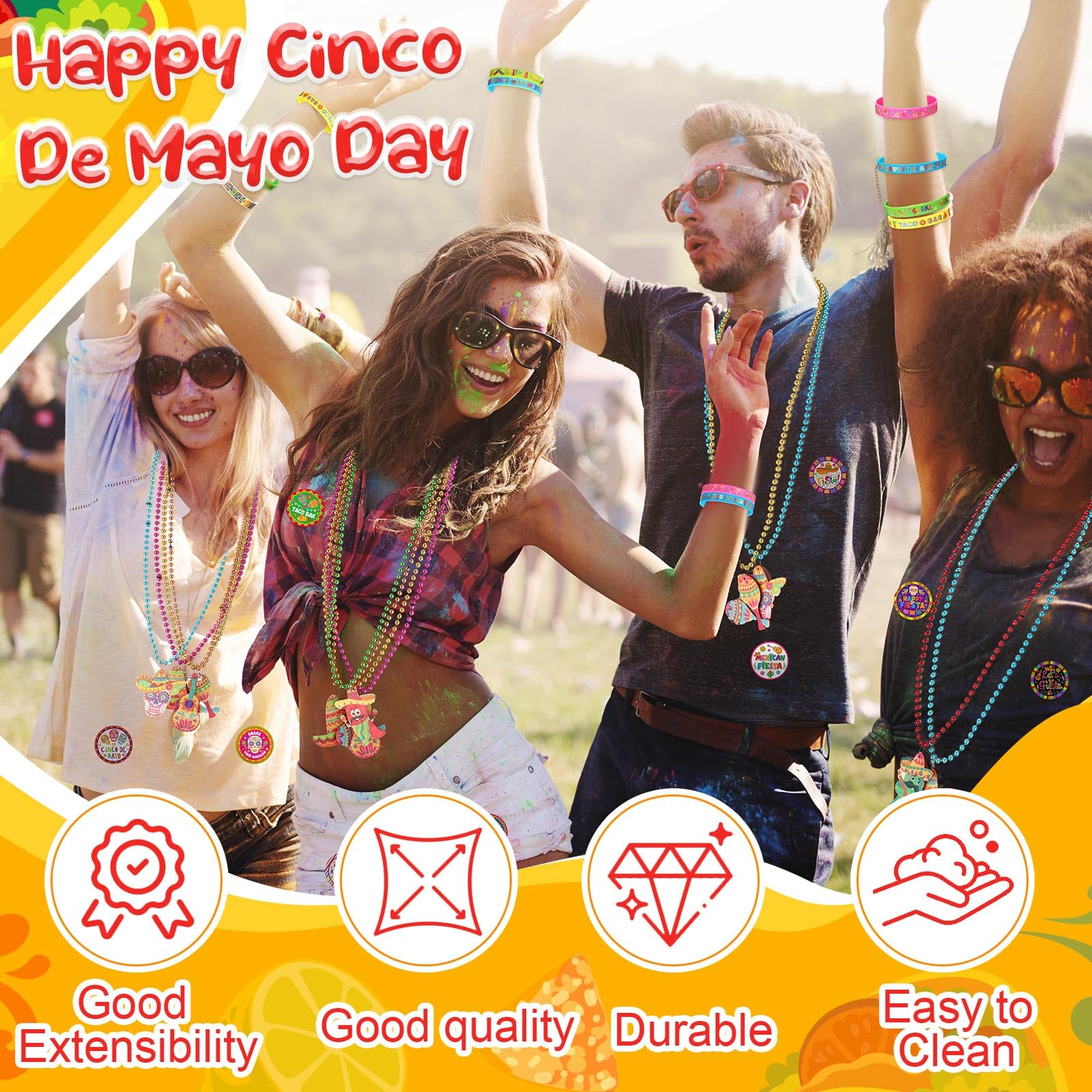 Highergo Set di 150 bomboniere messicane per feste, 50 spille cinco de mayo, 50 collane con perline Fiesta, 50 bomboniere, braccialetti in silicone per feste di compleanno, festival (festa messicana)