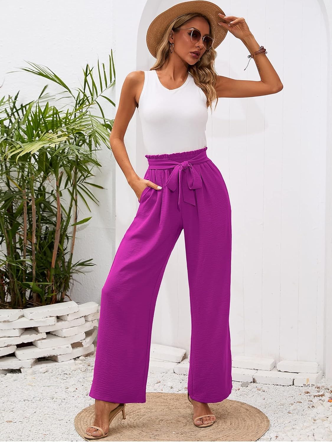 Heymoments Women's Wide Leg Lounge Pants with Pockets Lightweight High Waisted Adjustable Tie Knot Loose Trousers - Image 4
