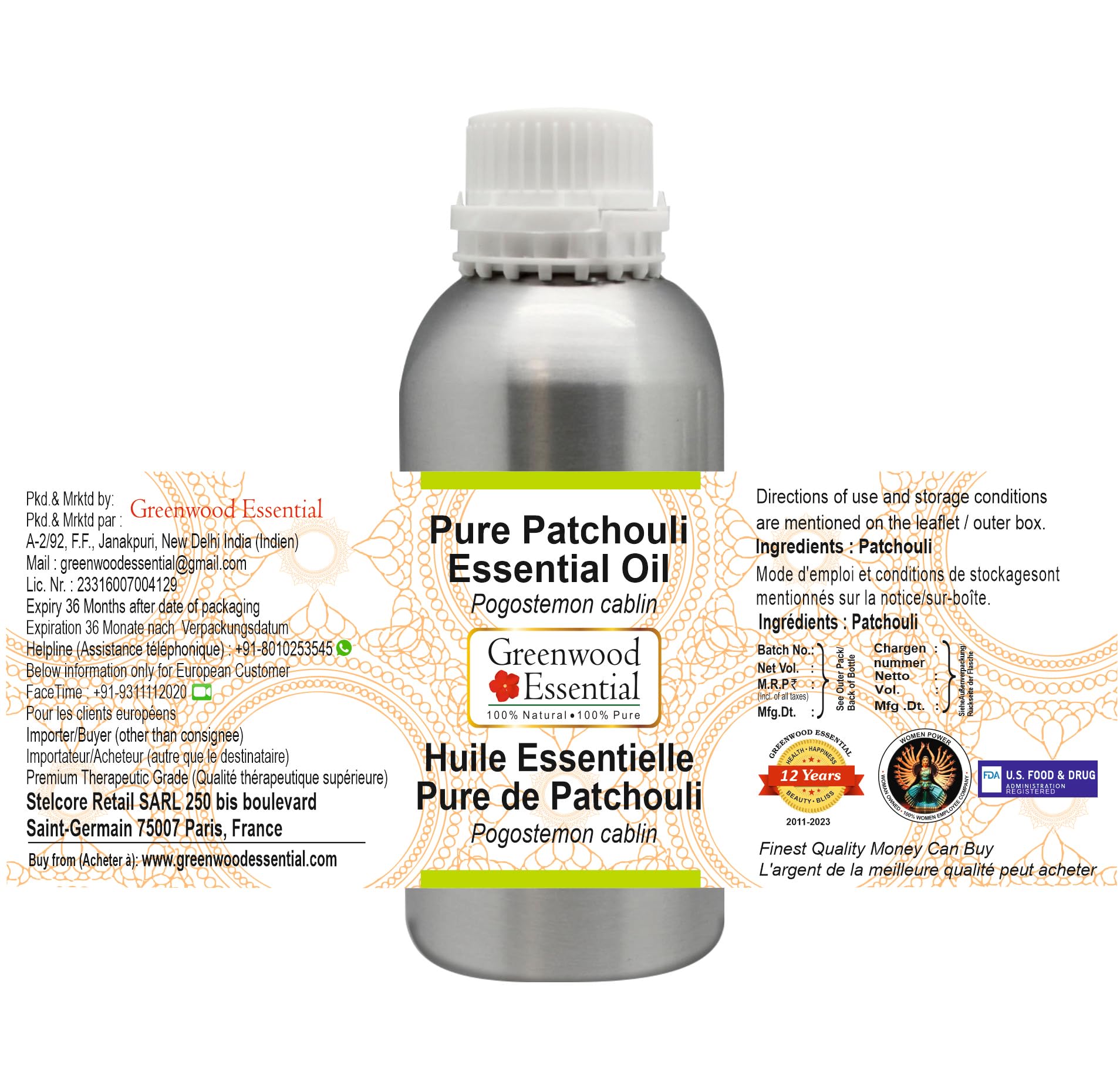 Greenwood Essential Olio essenziale naturale di patchouli (Pogostemon cablin) distillato a vapore, 300 ml