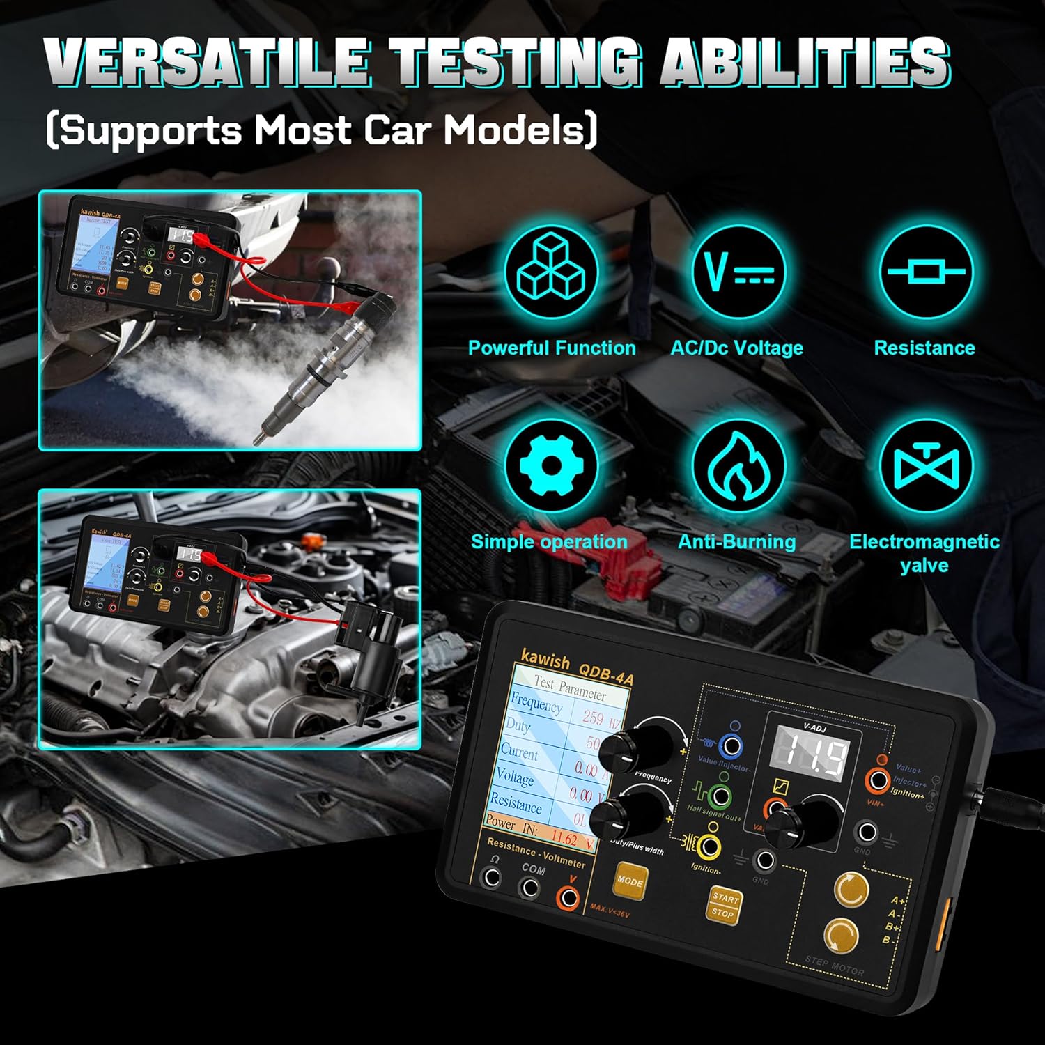 QDB-4A Ignition Coil Tester, Drive Automobile Ignition Coil Tester Injector for Test Solenoid Valves Idling Stepper Motor Instrument Car Fault Detector