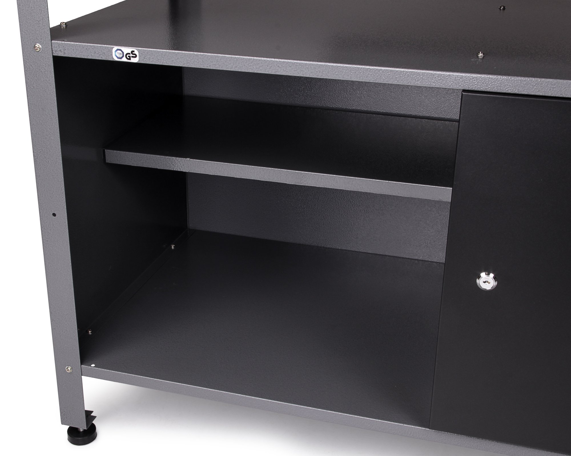 Ondis24 Montagewerkbank Werkbank Klaus 120 cm, Metall, abschließbarer Tür, höhenverstellbare Füße (Arbeitshöhe 85 cm, Schwarz)
